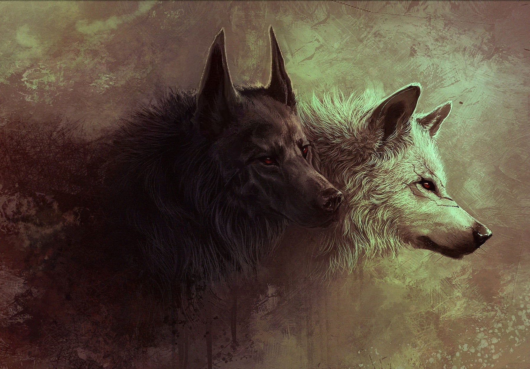 1800x1250 Painting of two black and white fox wallpaper, wolf, digital art, fantasy art • Wallpaper For You HD Wallpaper For Desktop & Mobile, Desktop