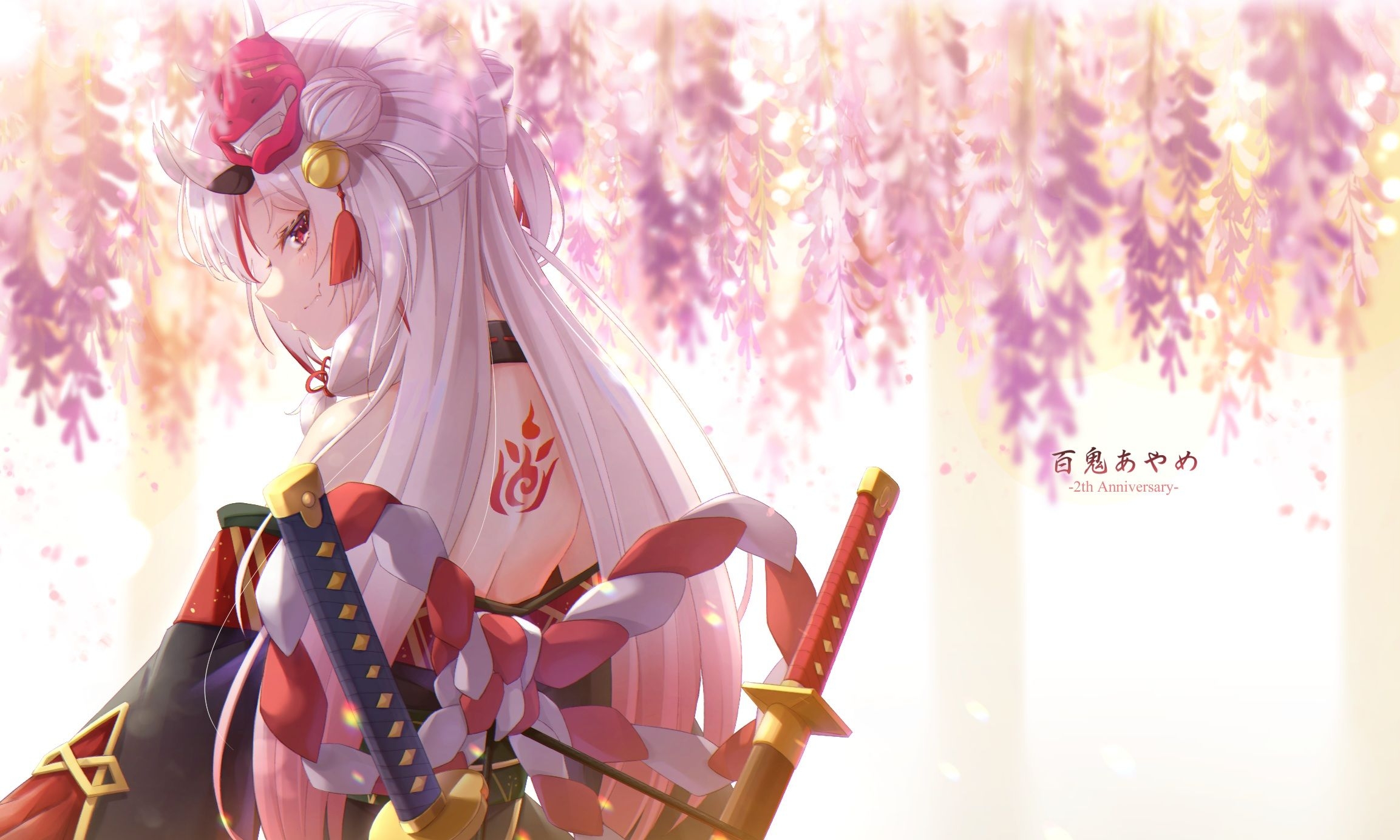 2310x1390 bell blush demon fang flowers hololive horns hotto kakigōri japanese clothes katana long hair mask nakiri ayame red eyes rope sword tattoo weapon white hair. konachan.com.com Anime Wallpaper, Desktop