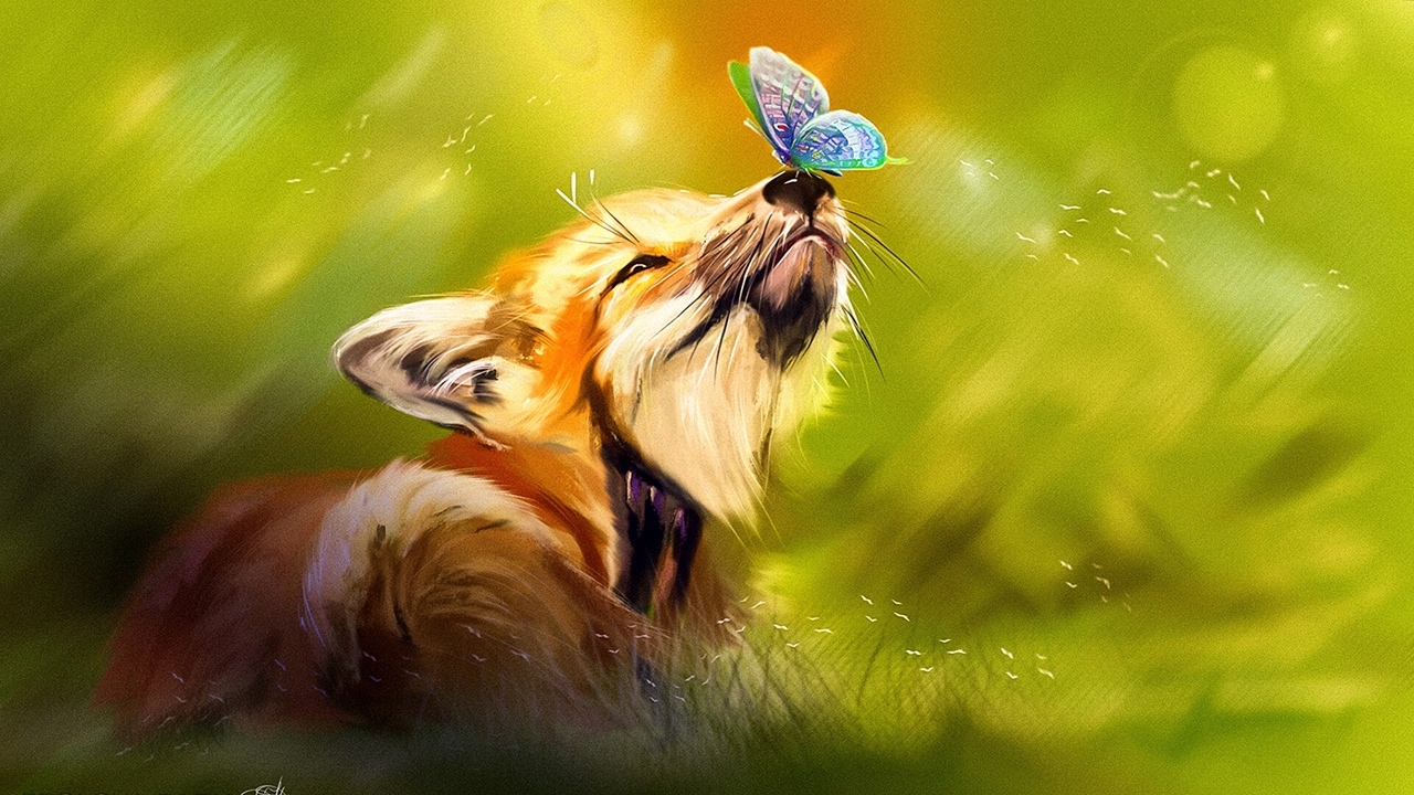 1280x720 Wallpaper cute butterfly animal art fox, Desktop