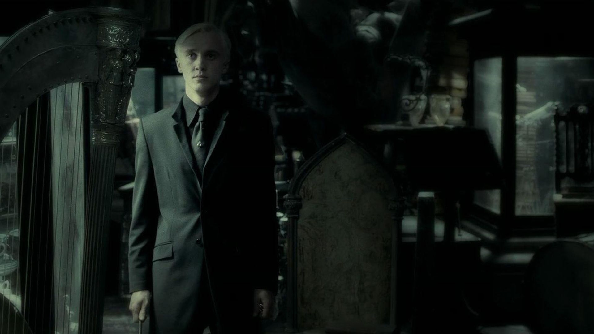 1920x1080 Draco Malfoy In Dark Room With Wood Things Wearing Black Coat Suit HD Draco Malfoy Wallpaper, Desktop