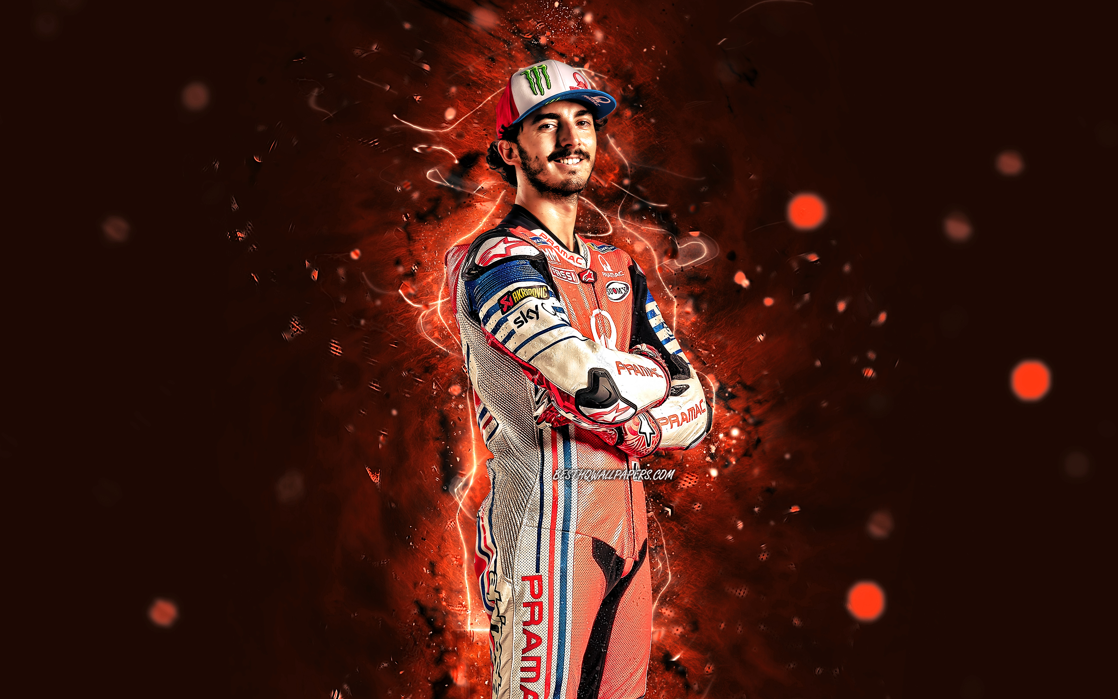 3840x2400 Download wallpaper Francesco Bagnaia, 4k, orange neon lights, Alma Pramac Racing team, italian motorcycle racer, MotoGP, Pecco Bagnaia, MotoGP World Championship, Francesco Bagnaia 4K for desktop with resolution. High Quality HD, Desktop