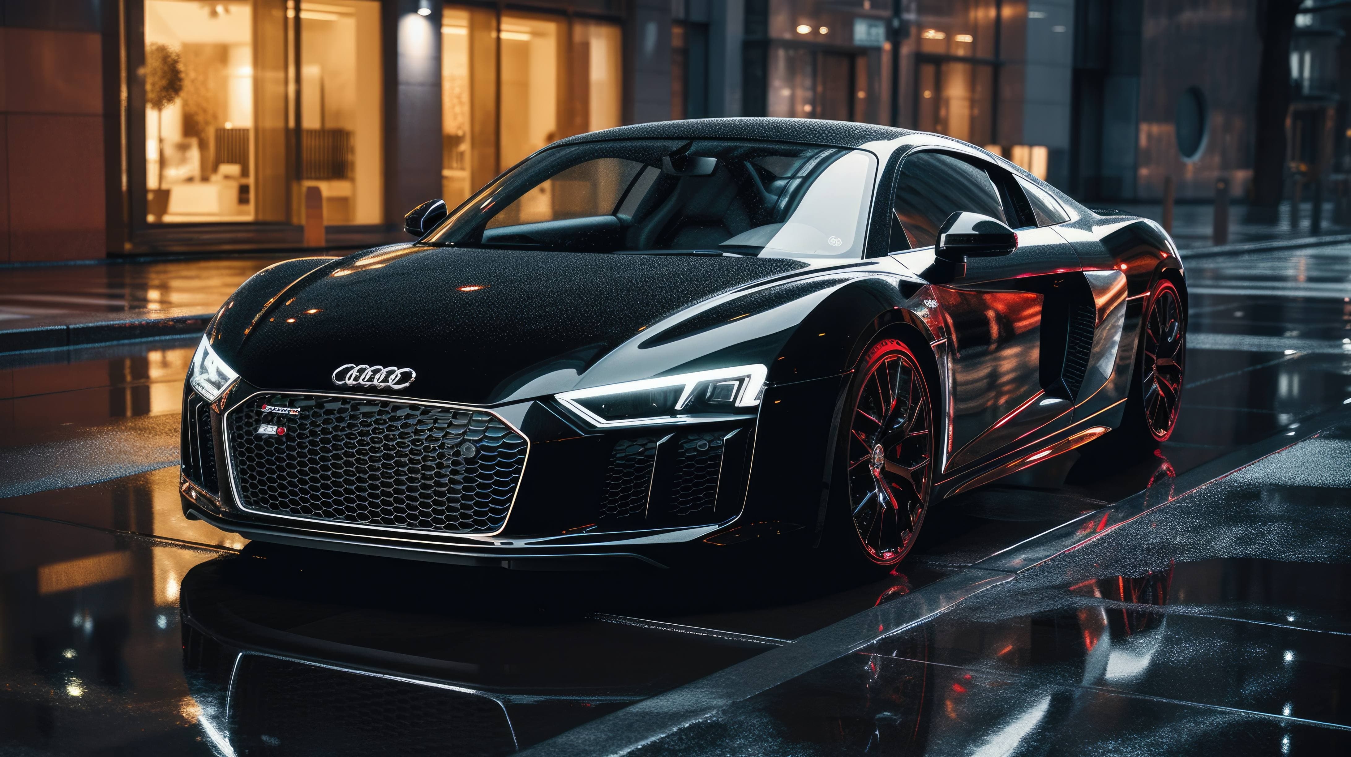 4370x2450 A 4K ultra HD wallpaper of a sleek, black Audi R8 parked on a city street, Desktop