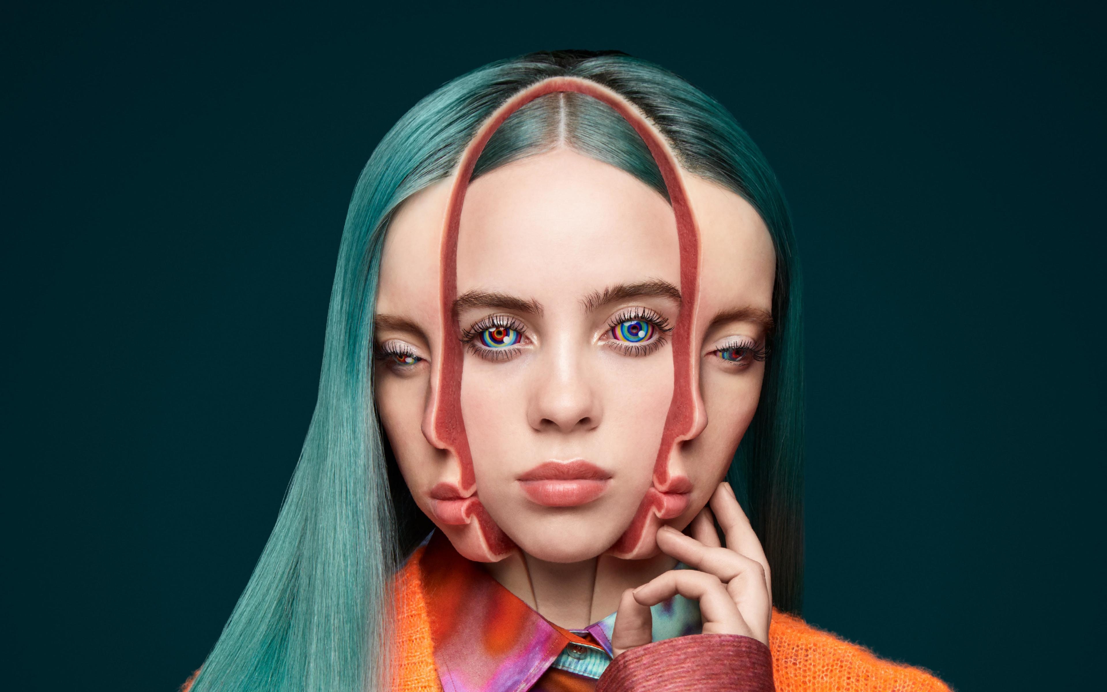 3840x2400 Billie Eilish faces green background Wallpaper 4k Ultra HD, Desktop