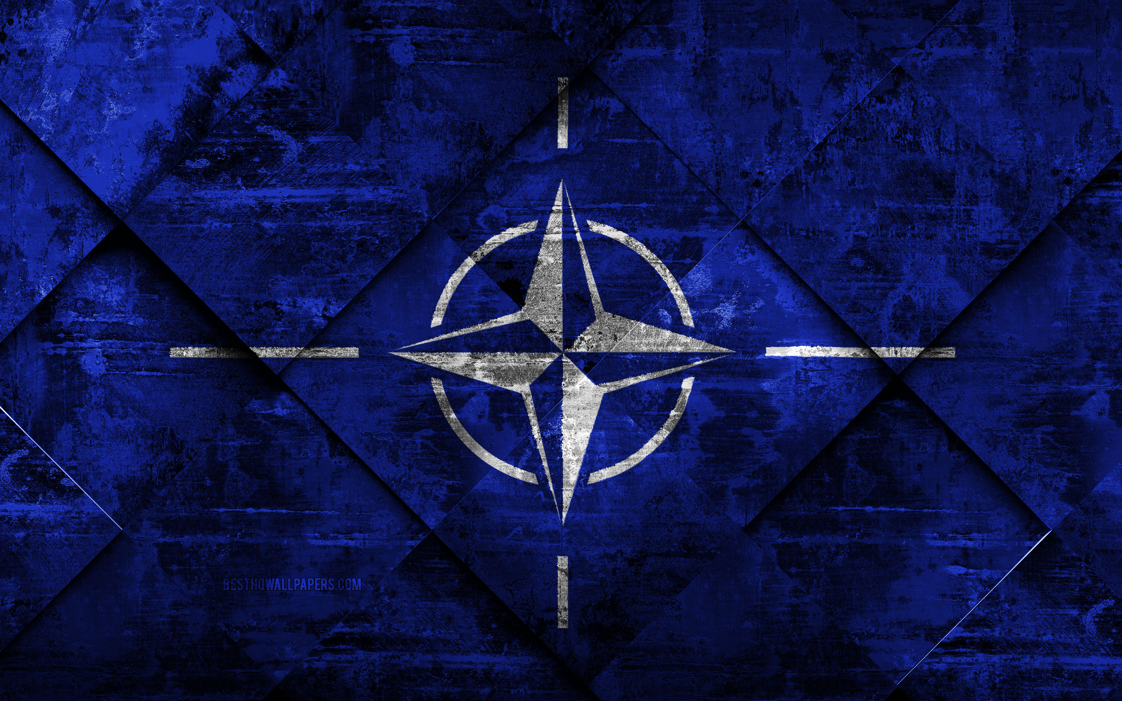 3840x2400 Download wallpaper Flag of NATO, 4k, grunge art, rhombus grunge texture, NATO flag, International Organization, national symbols, NATO, creative art, North Atlantic Treaty Organization for desktop with resolution. High Quality HD, Desktop