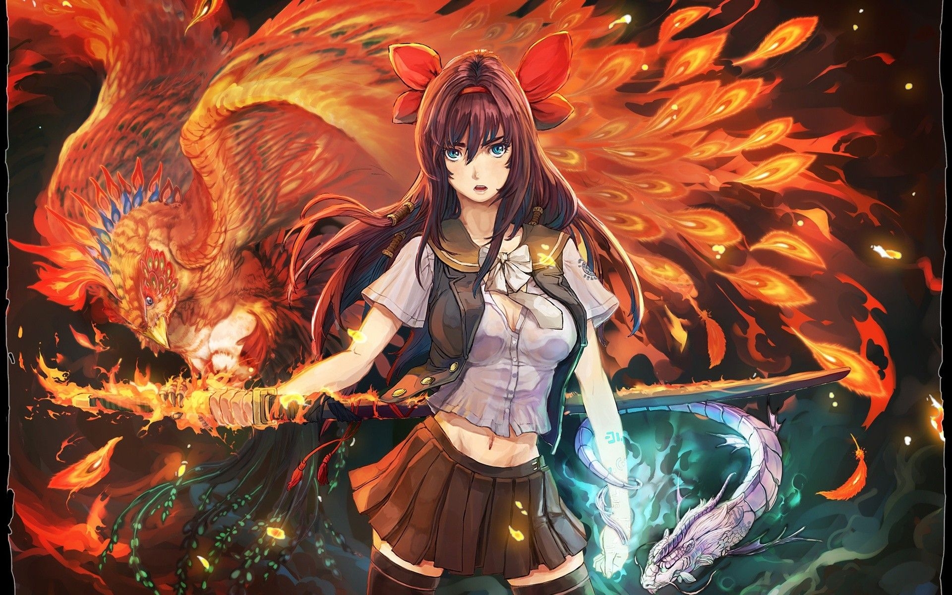 1920x1200 uniforms, fire, katana, magic, anime, anime girls, Pheonix, Desktop