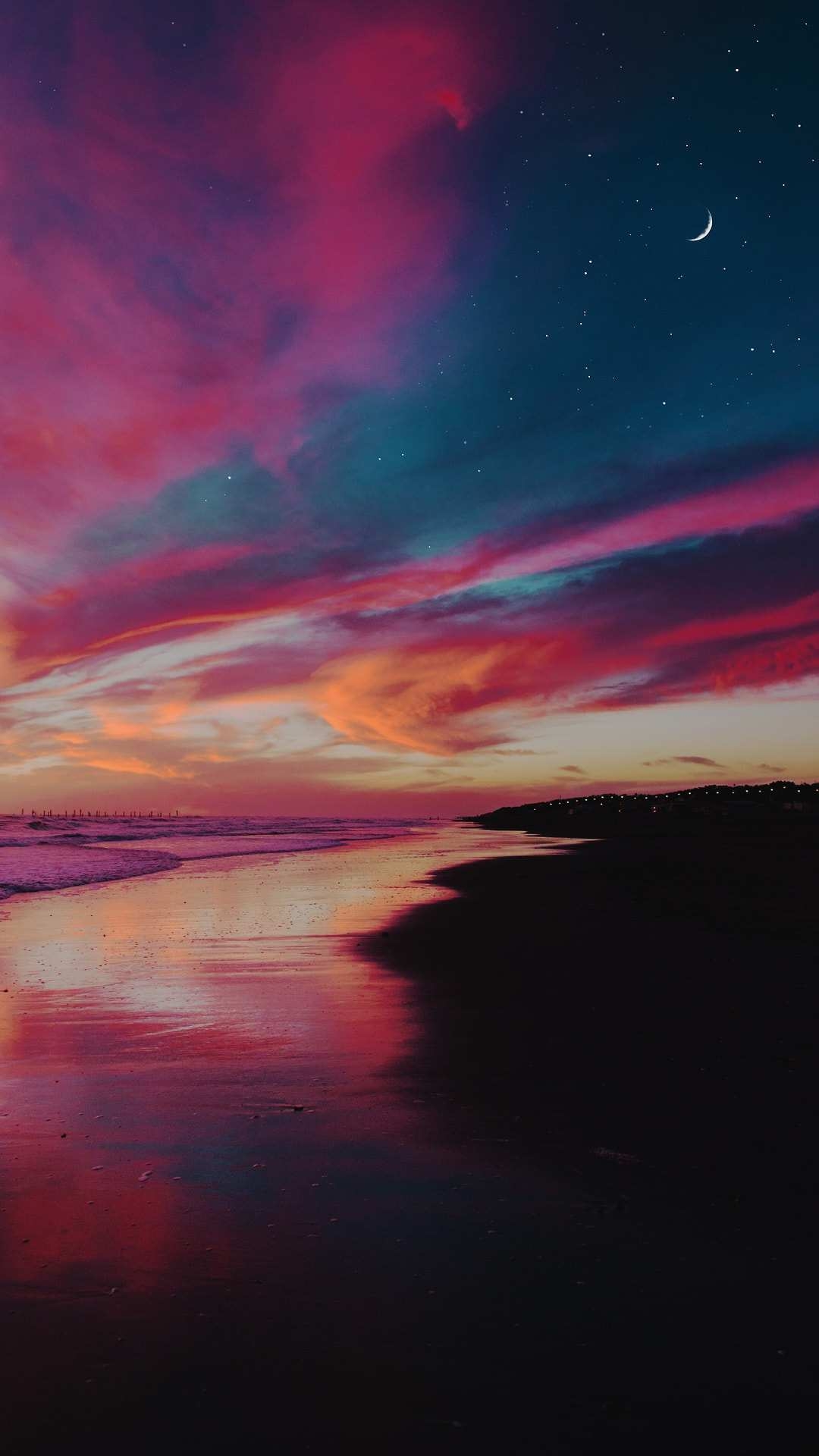 1080x1920 Evening Beach Sunset Clouds Half Moon iPhone Wallpaper, Phone