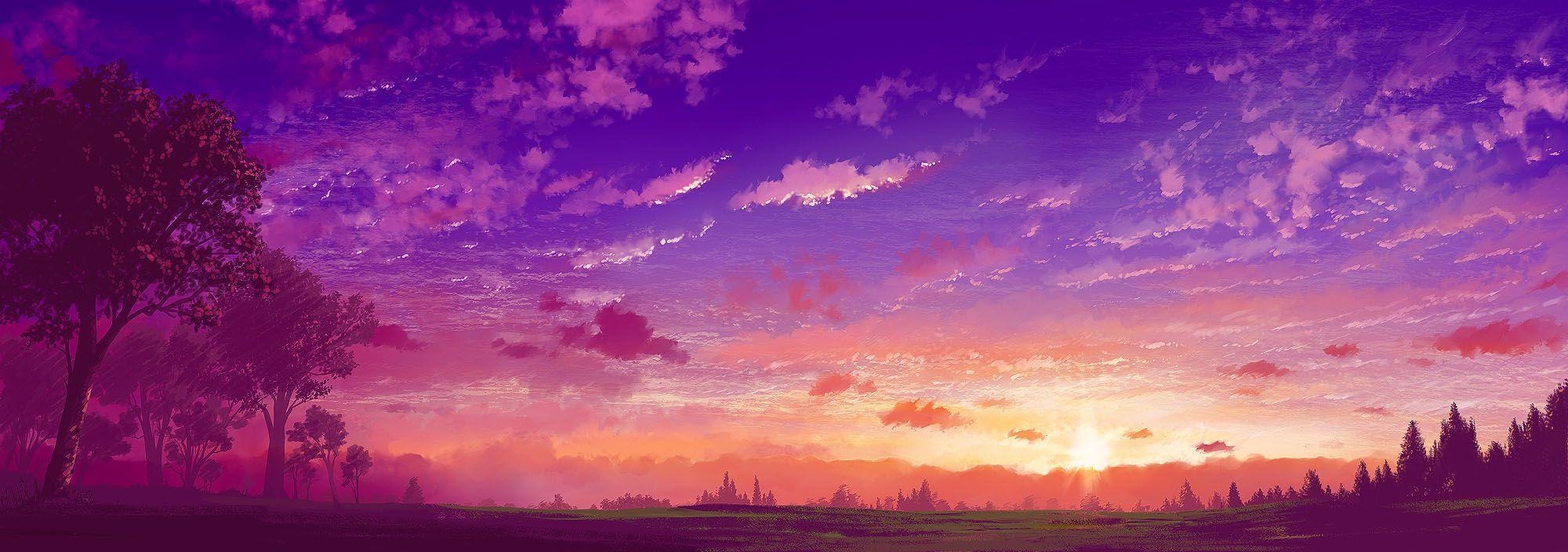 2000x710 Purple Anime Scenery Wallpaper Free Purple Anime Scenery, Dual Screen