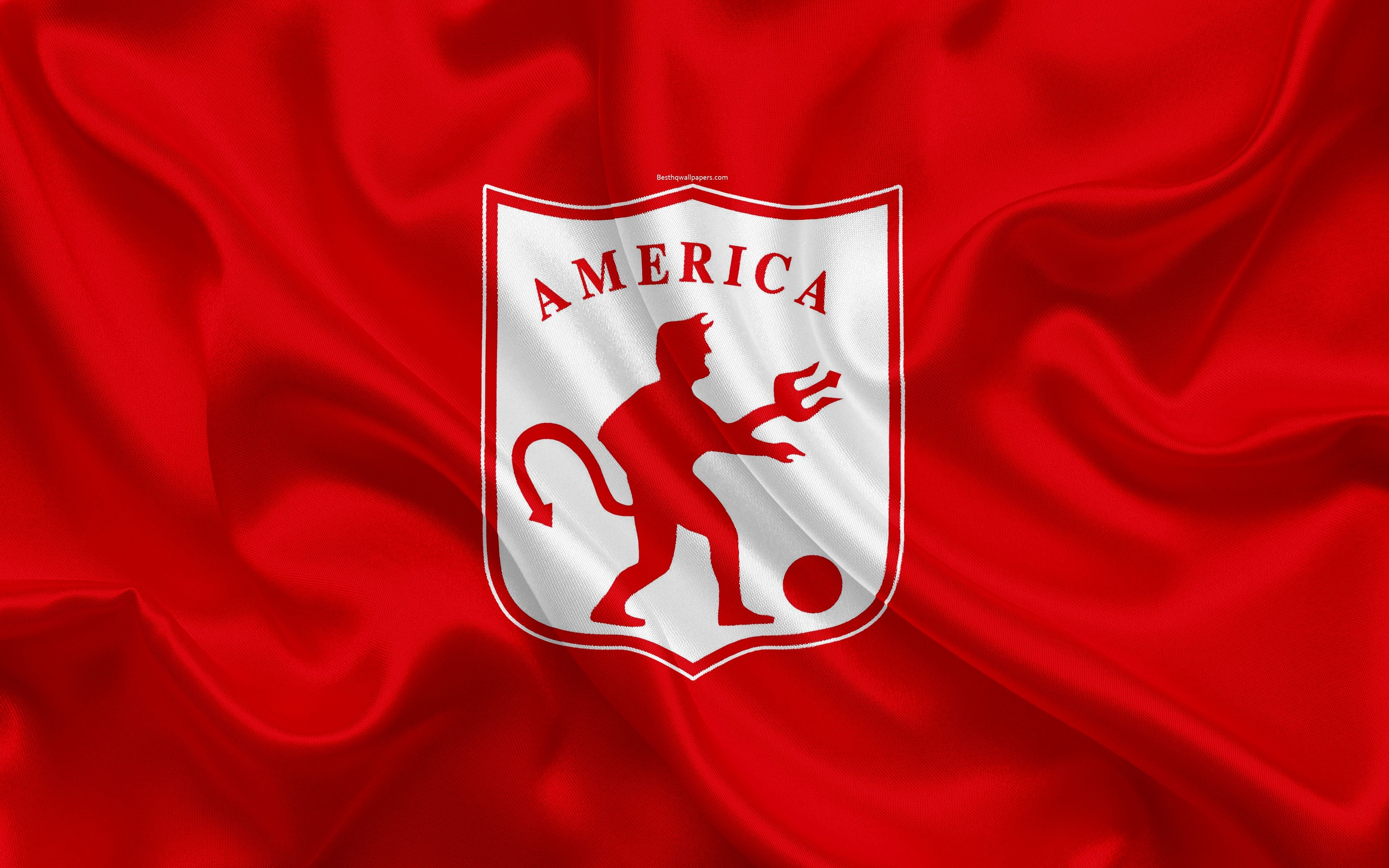 3840x2400 Download wallpaper CD América de Cali, 4k, logo, Colombian football club, silk texture, red flag, Categoria Primera A, Cali, Colombia, football, Liga Aguila for desktop with resolution. High Quality HD picture, Desktop