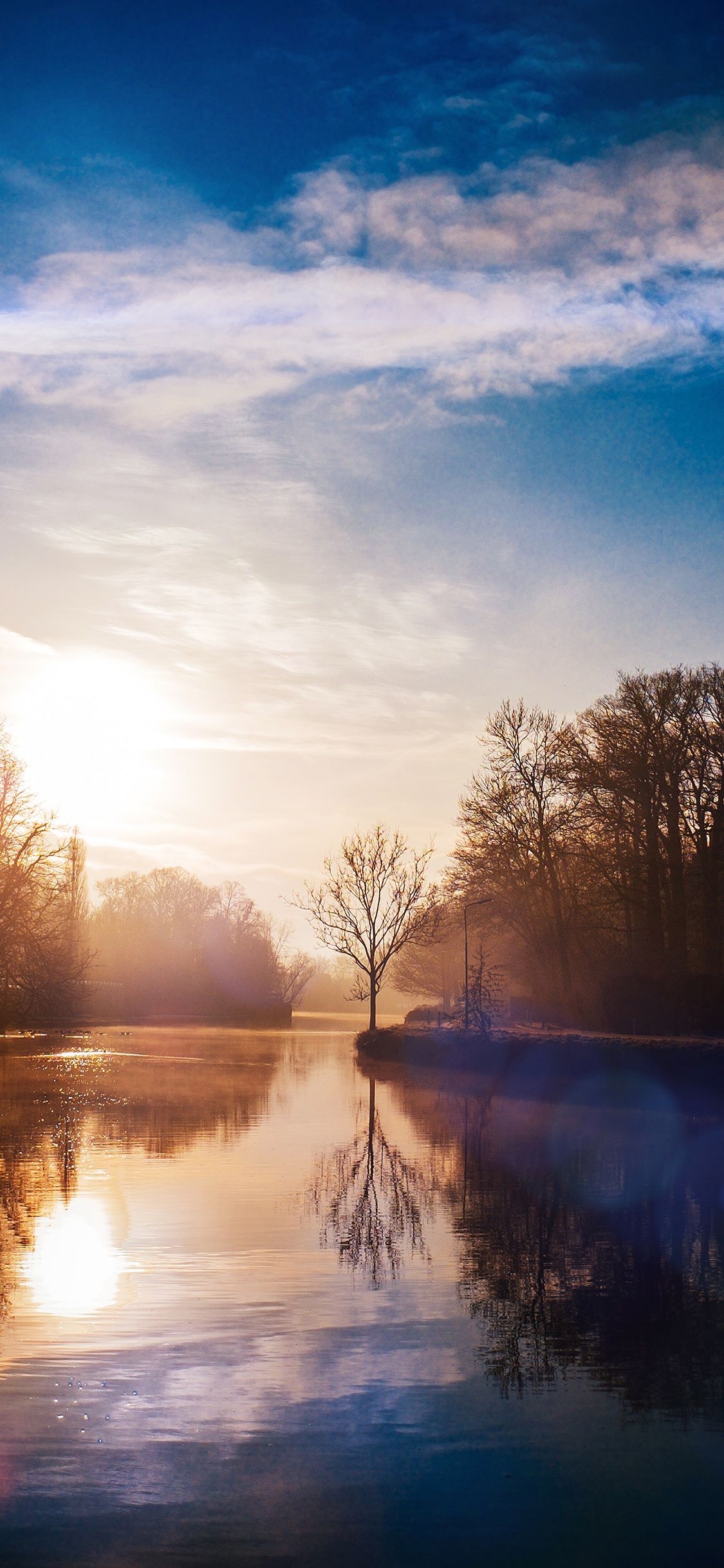 1130x2440 iPhone X wallpaper. lake calm tree mountain sunny day nature flare blue, Phone