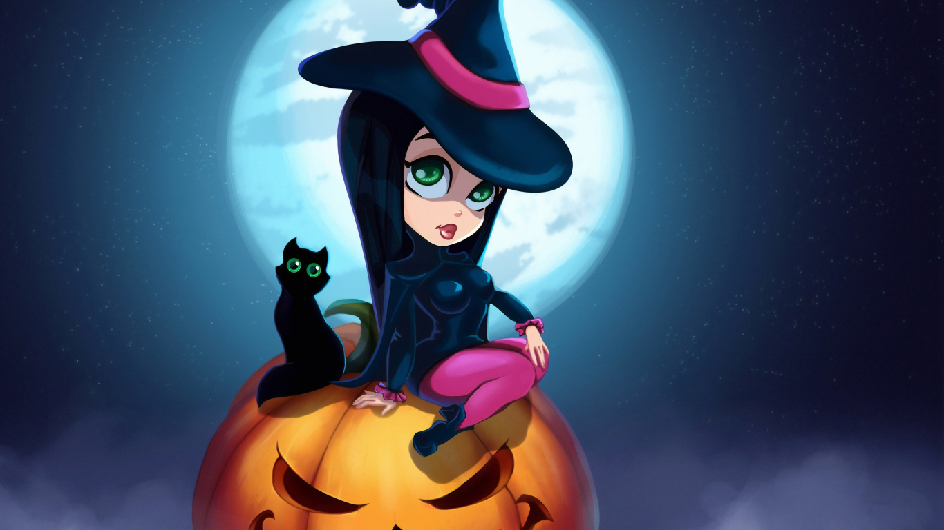 1370x770 Cute witch and kitten Halloween art wallpaper background, Desktop