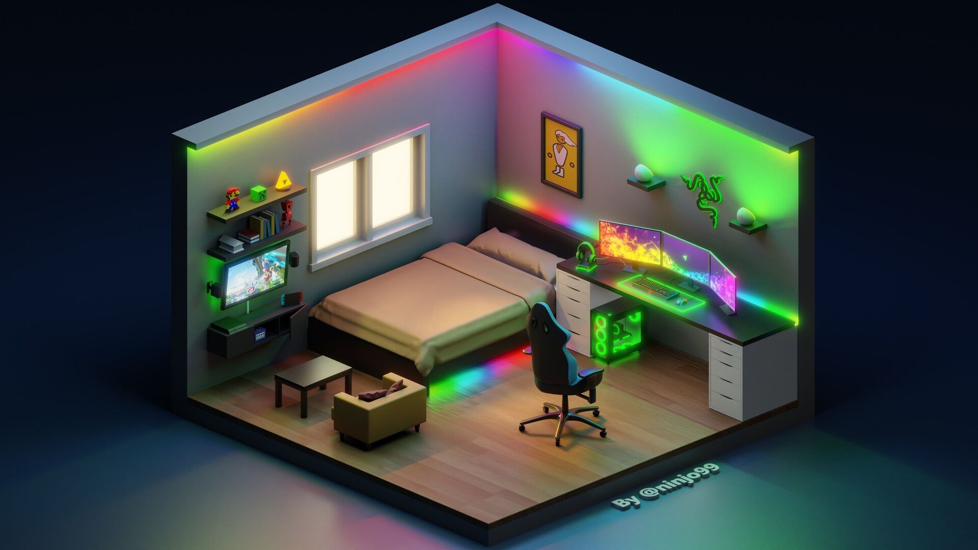 1920x1080 3D Gaming Isometric Room (Razer Themed), José Álvarez, Desktop