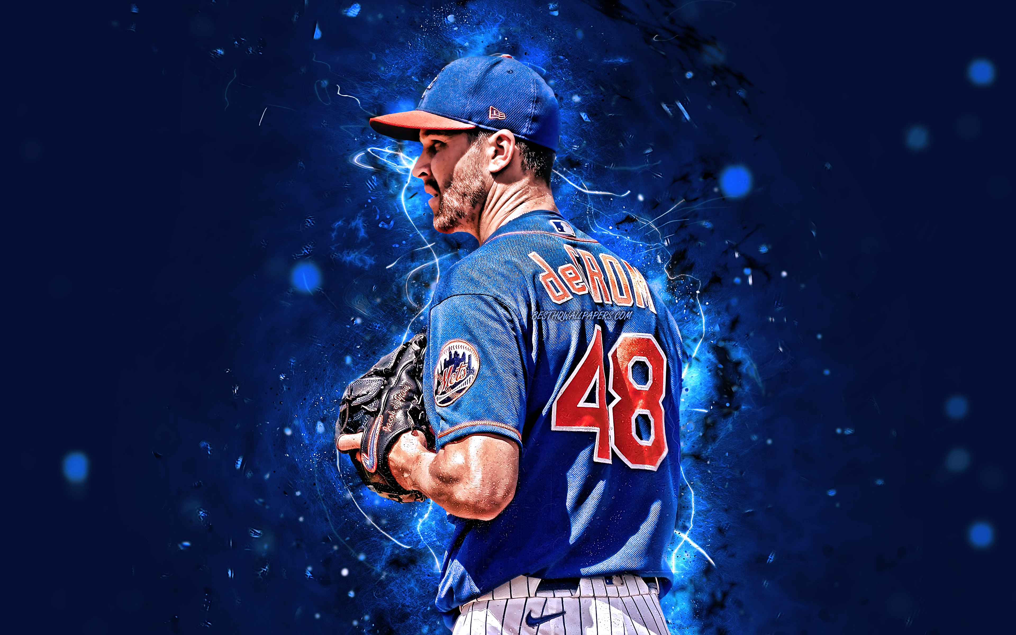 3840x2400 Download wallpaper Jacob deGrom, 4k, MLB, New York Mets, pitcher, baseball, Jacob Anthony deGrom, Major League Baseball, neon lights, Jacob deGrom New York Mets, Jacob deGrom 4K, NY Mets for desktop with, Desktop