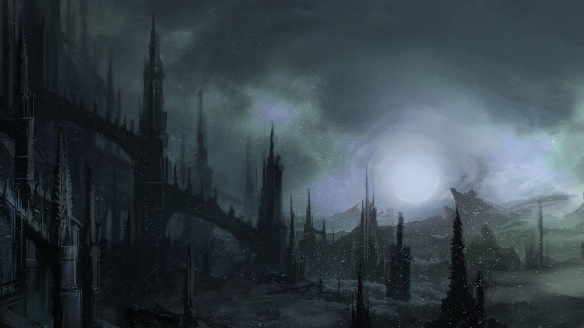 1920x1080 Wallpaper darkness, art, gothic, steeples, snow, night wallpaper, Desktop