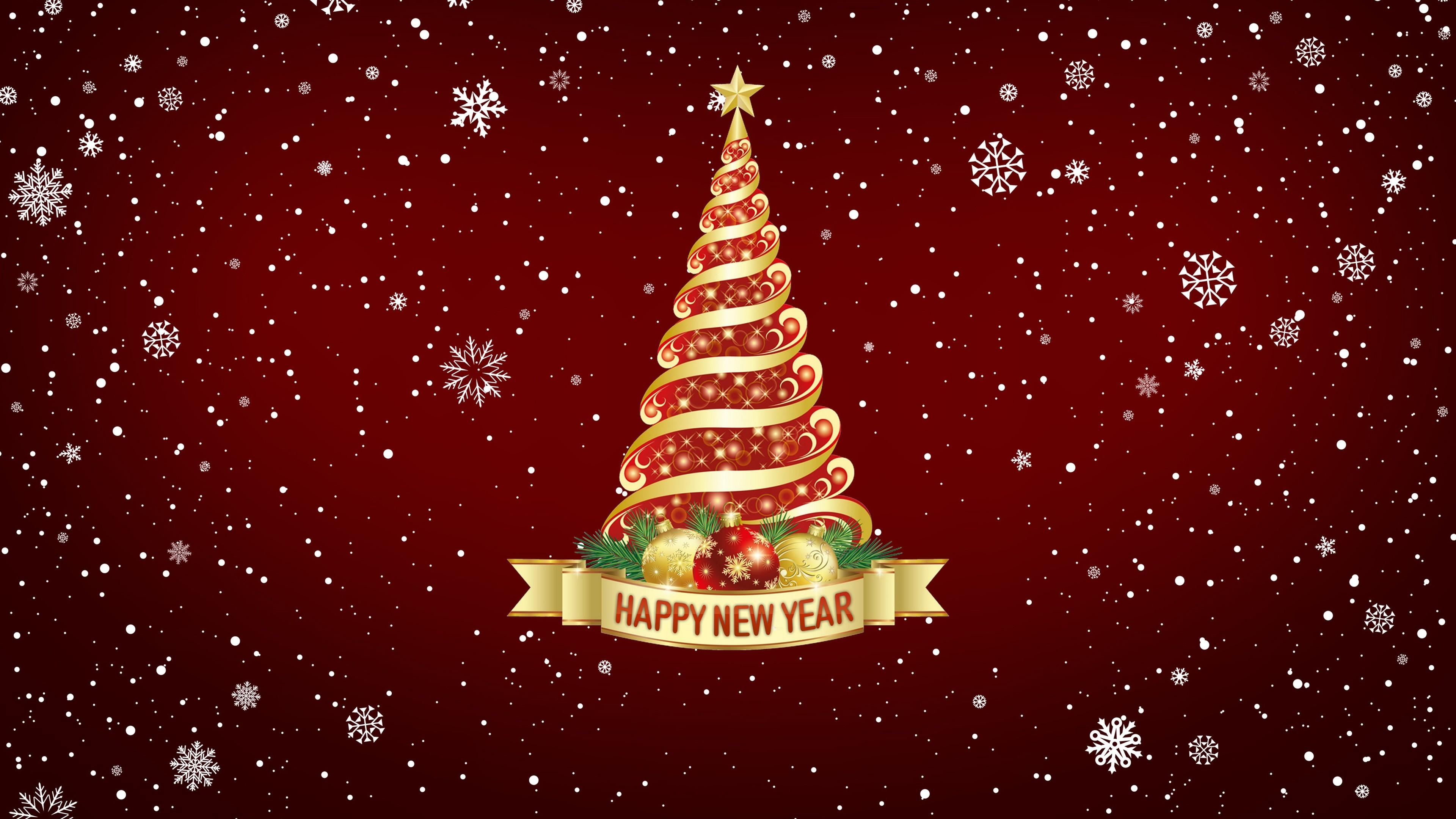 3840x2160 Happy New Year Christmas Tree Snowflake Background 4K, Desktop