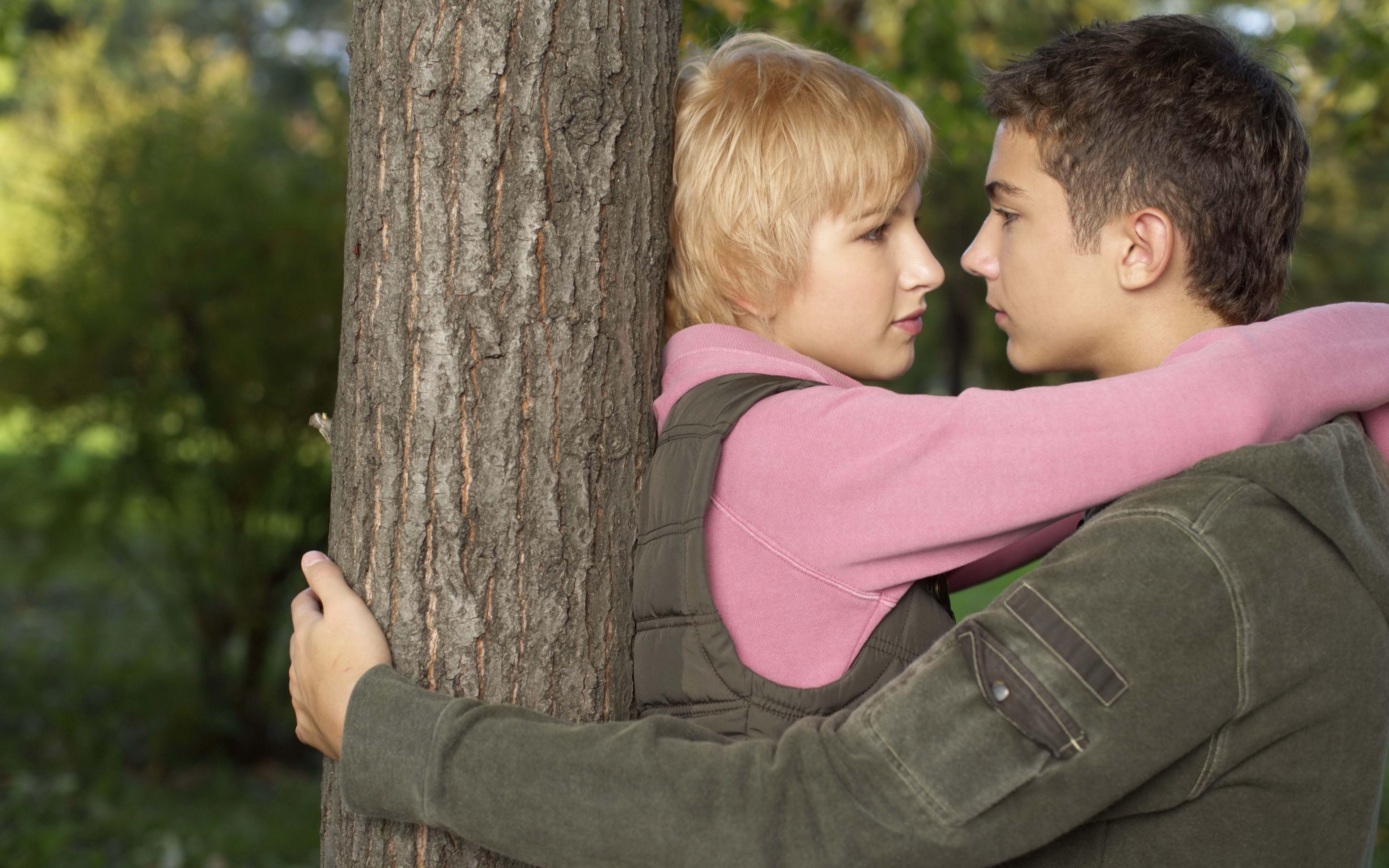 3840x2400 Download wallpaper  boy, girl, tree, hugging, look, love 4k, Desktop