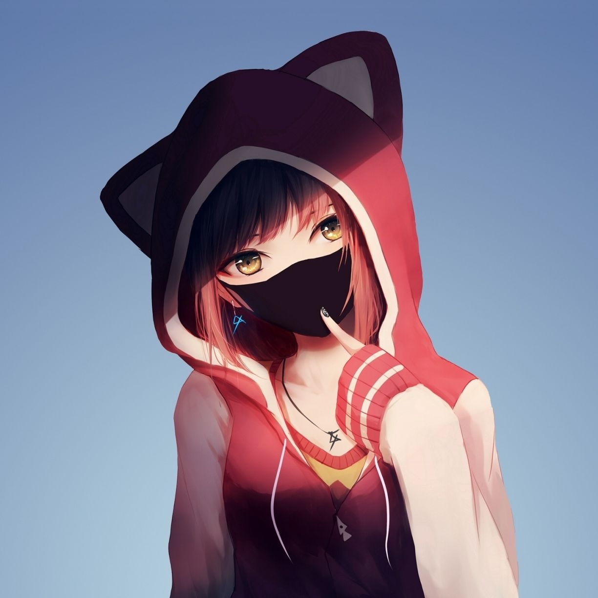 1230x1230 Desktop wallpaper anime girl in hoodie, mask, original, HD image, Phone