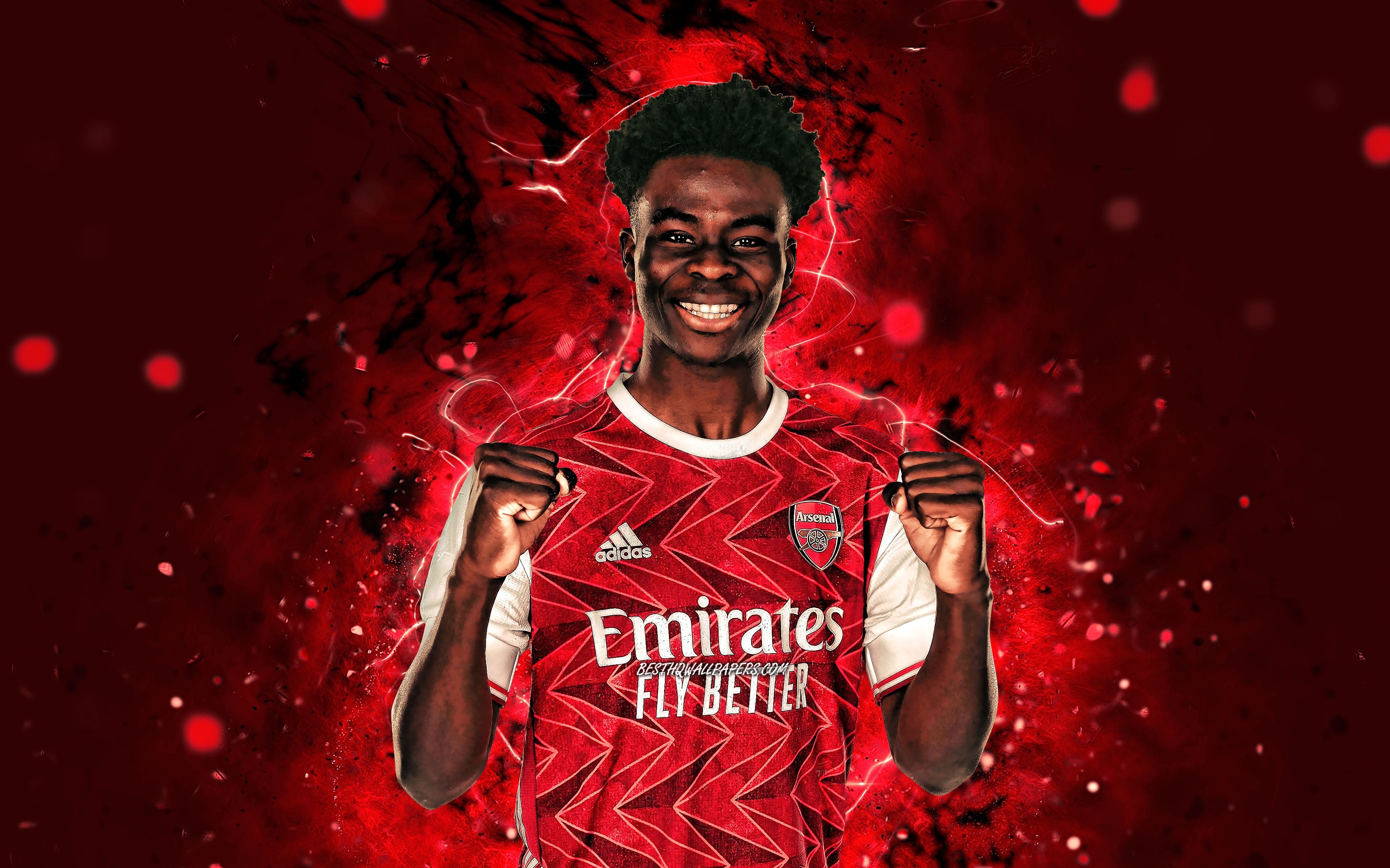 3840x2400 Download wallpaper Bukayo Saka, 4k, English footballers, Arsenal FC, neon lights, soccer, Premier League, football, The Gunners, Bukayo Saka Arsenal for desktop with resolution. High Quality HD picture wallpaper, Desktop