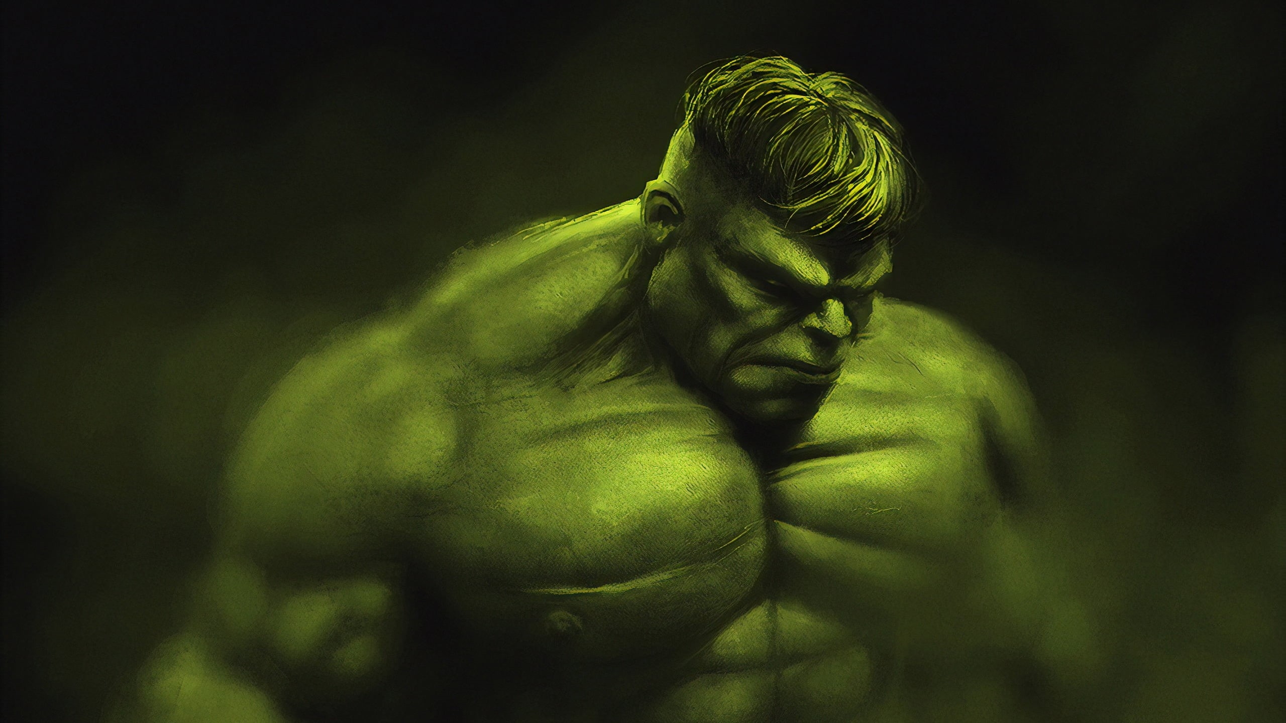 2560x1440 Wallpaper / digital art, Marvel Cinematic Universe, fictional character, artwork, The Avengers, superhero, Bruce Banner, Hulk, Marvel Comics, green, digital, dark free download, Desktop