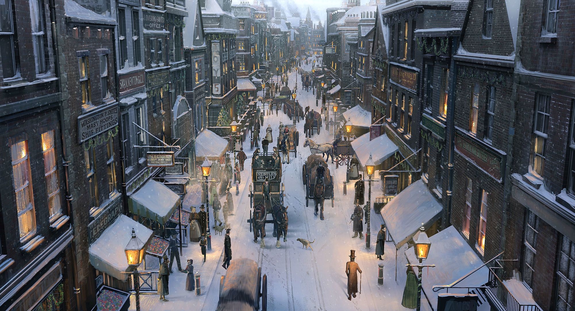 2000x1080 Art city snow winter street carts horses people christmas wallpaperx1080, Desktop