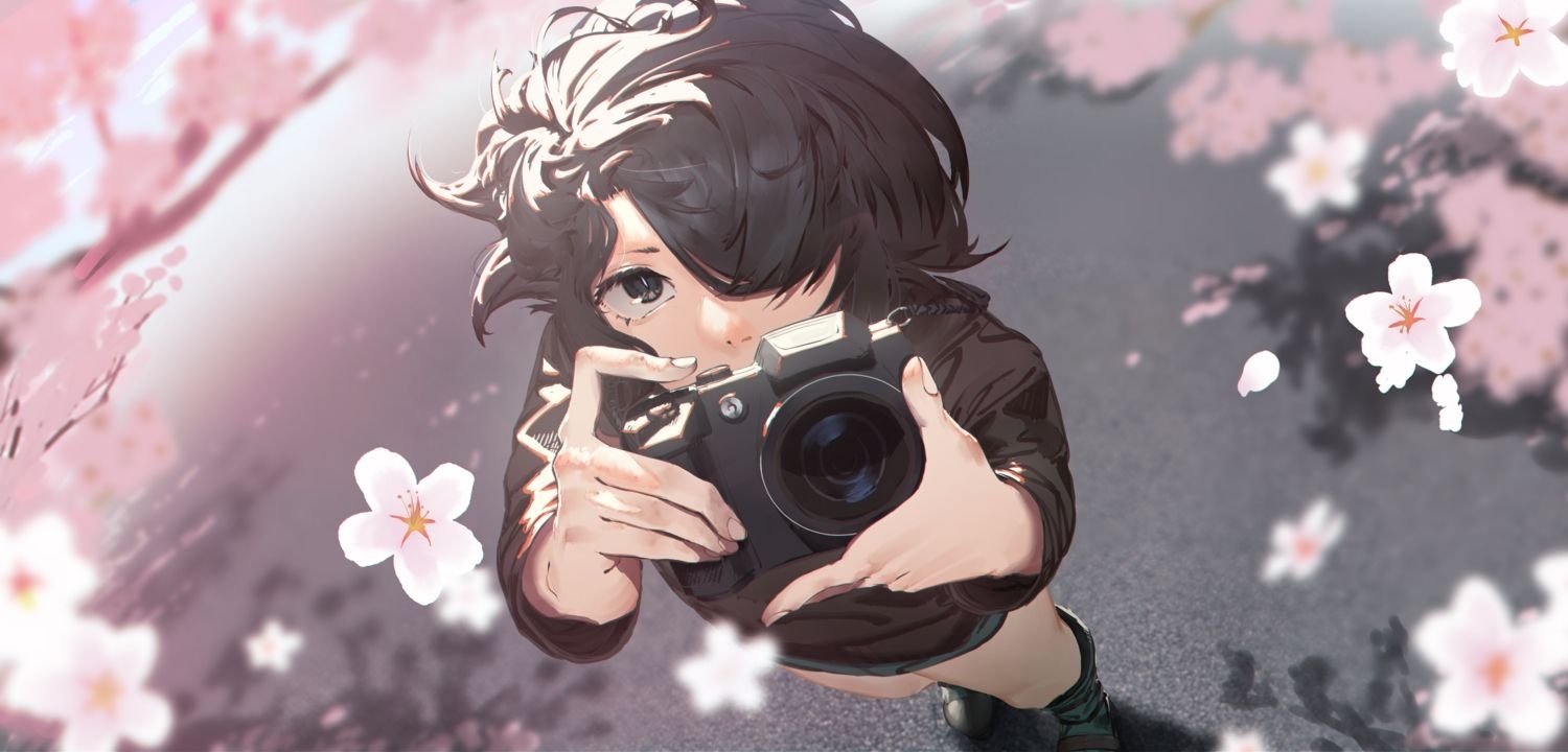 1500x720 black eyes black hair camera cherry blossoms close flowers namusan1146 original short hair. konachan.com.com Anime Wallpaper, Dual Screen