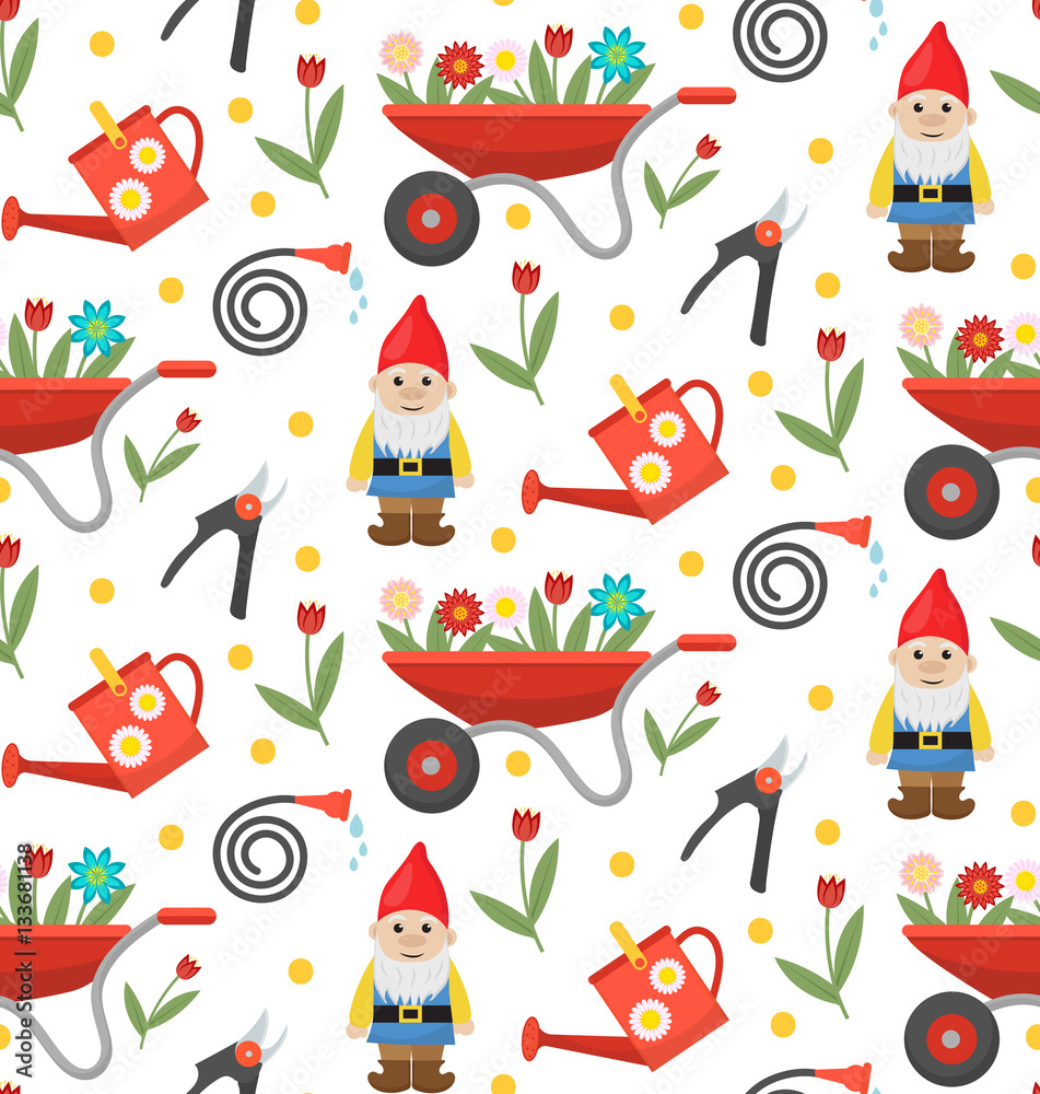 960x1000 Gardening seamless pattern with gnome, flowers and tools. Spring endless background. Horticulture texture, wallpaper. Cute backdrop. Vector illustration Stock Vector, Phone