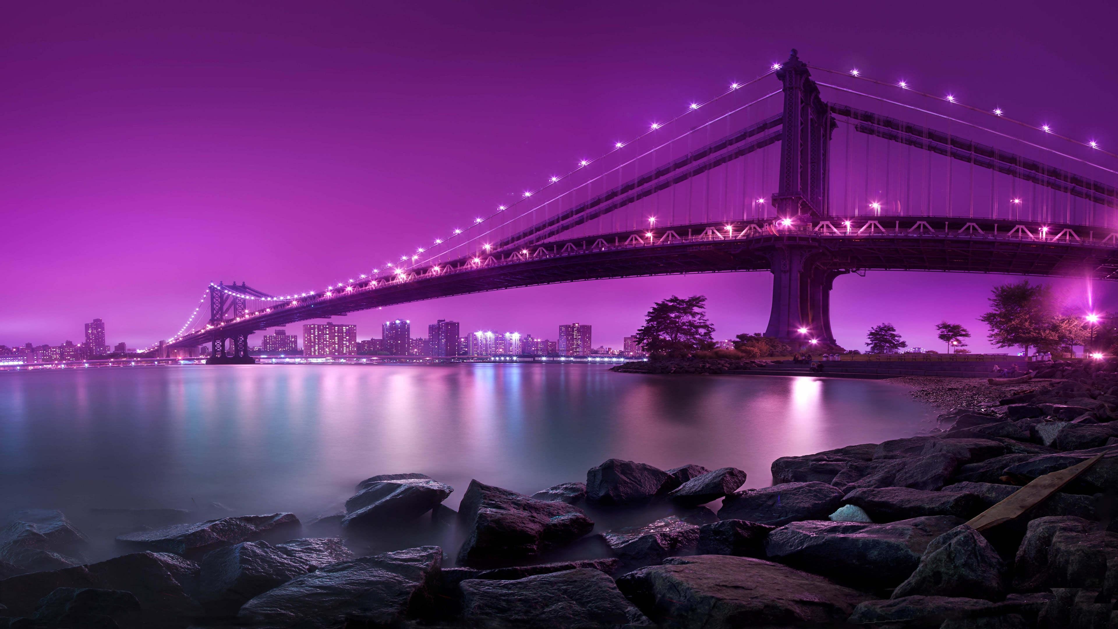 3840x2160 Manhattan Bridge At Night New York City United States UHD 4K Wallpaper, Desktop