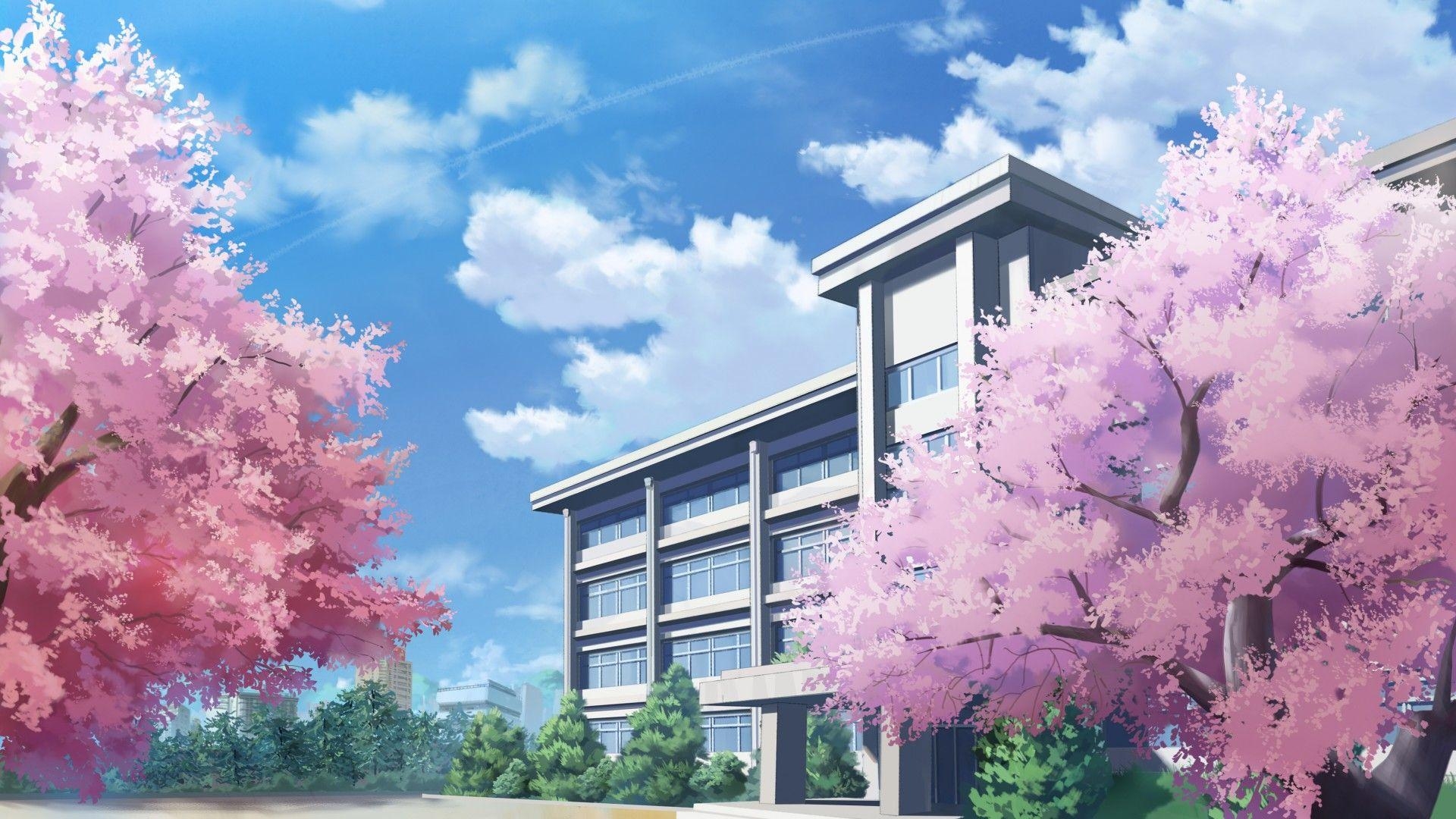 1920x1080 Download  Anime School, Building, Sakura Blossom, Clouds, Desktop