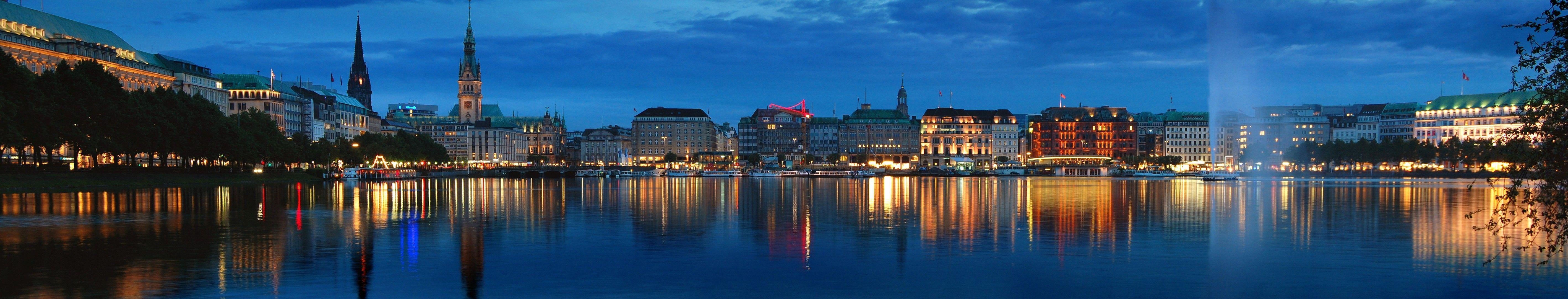 5670x1080 Hamburg, #Germany, #panorama, #Europe, #water, #trees, #city, Dual Screen