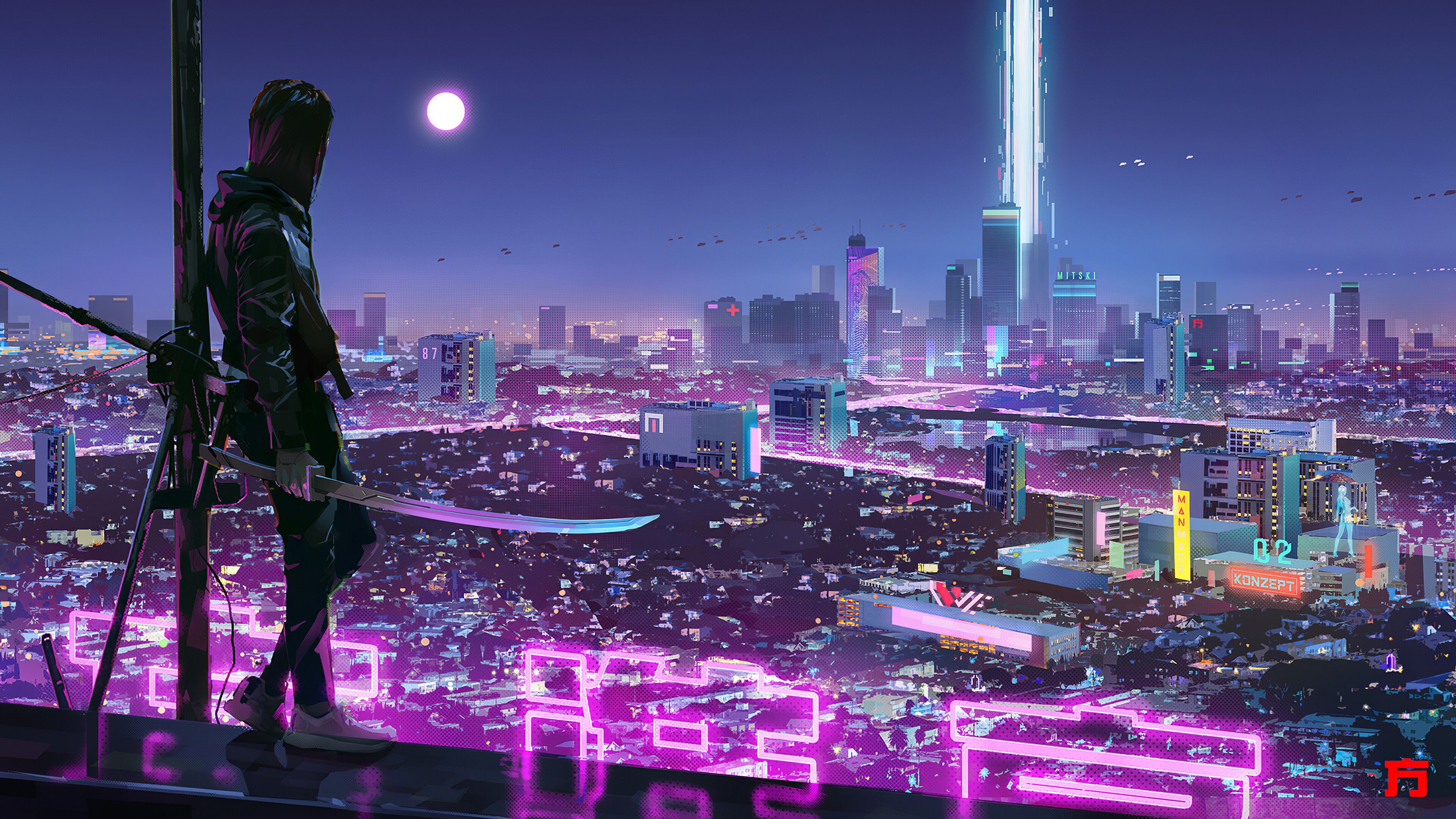 3840x2160 Ninja Katana Sci Fi City Neon Lights Wallpaper 4k Ultra HD, Desktop