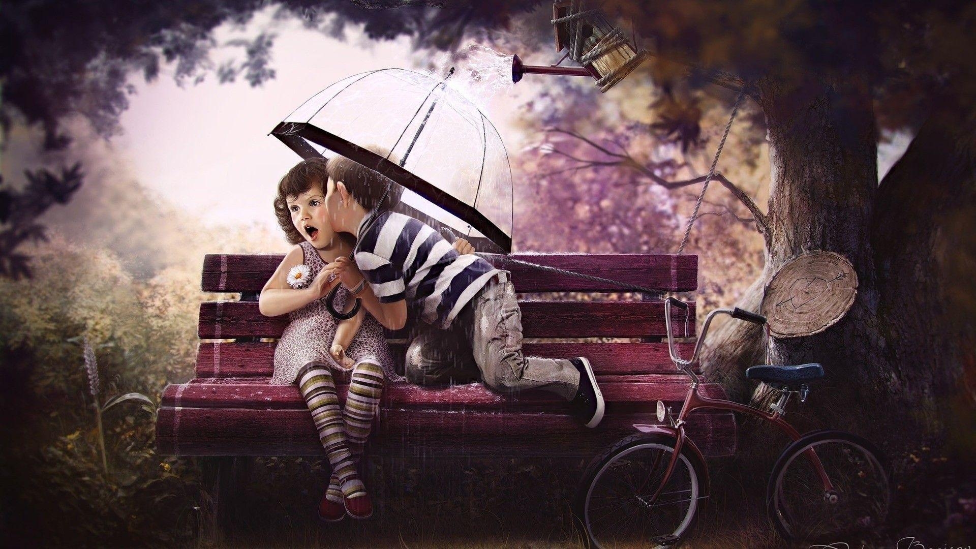 1920x1080 Download desktop wallpaper Baby love, boy and girl on a bench, Desktop