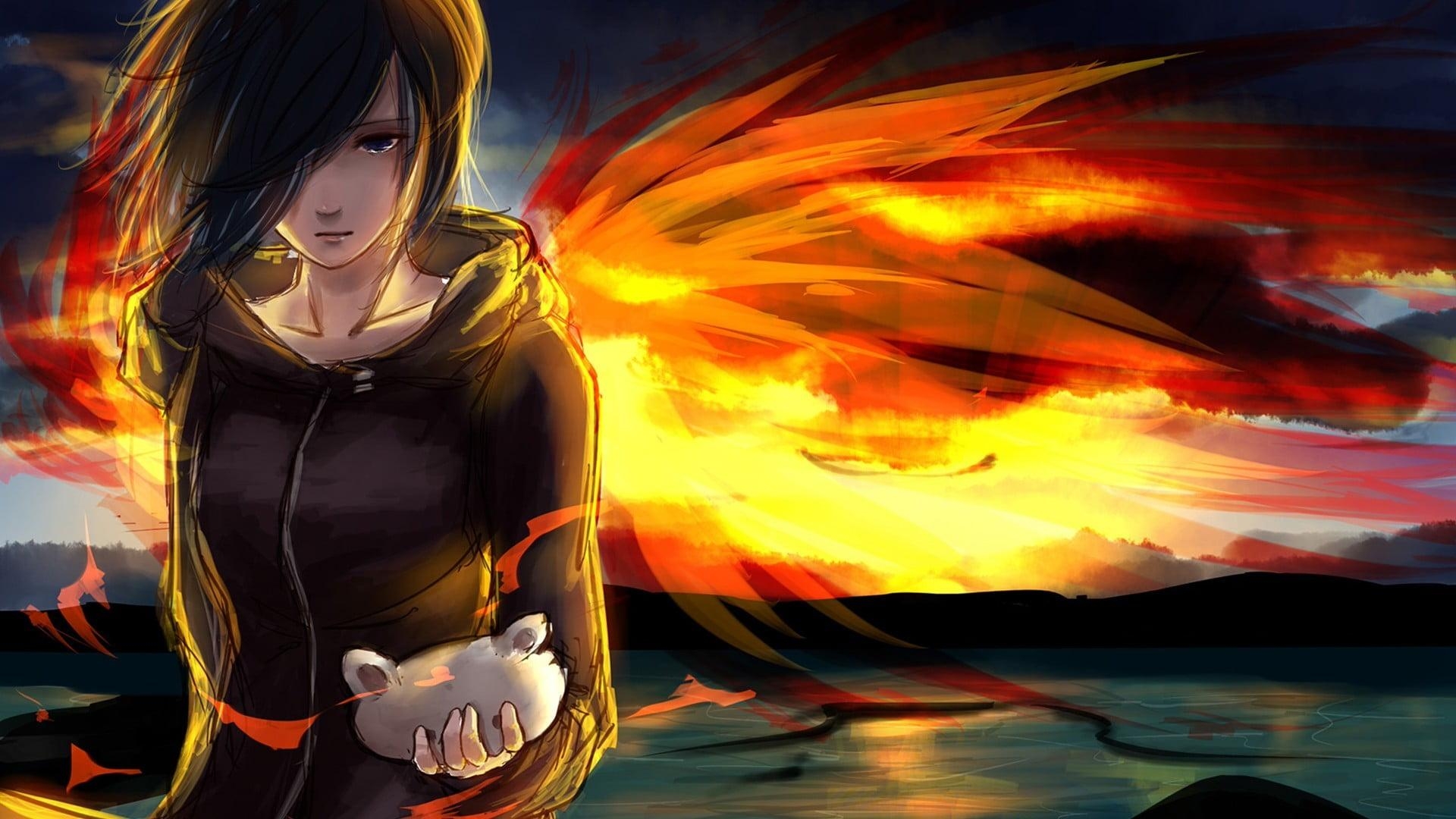 1920x1080 Woman In Black Full Zip Hoodie With Fire Wings Anime Character Fan, Desktop