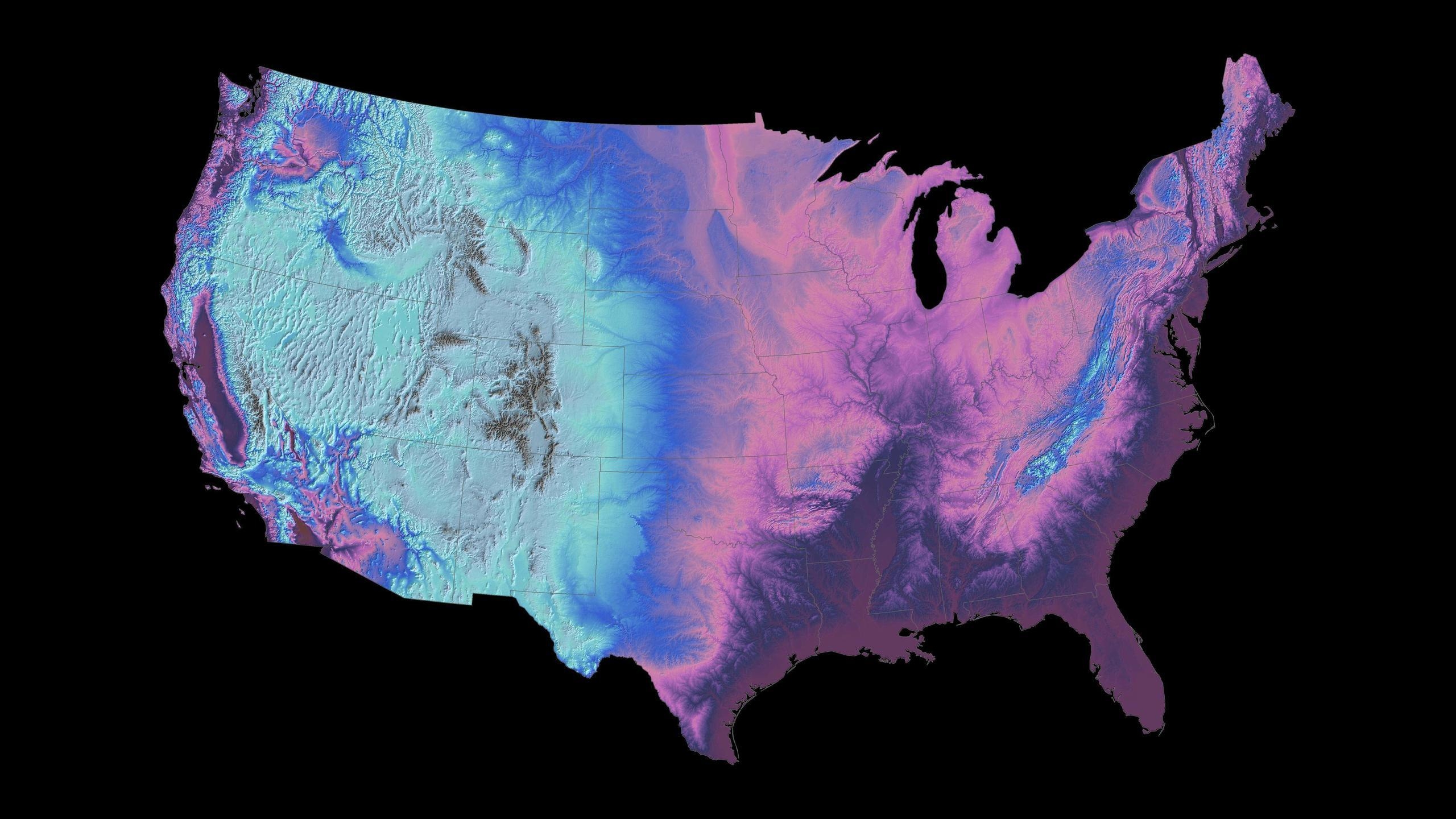 2560x1440 Contiguous US Digital Elevation Map Inverted colours, Desktop