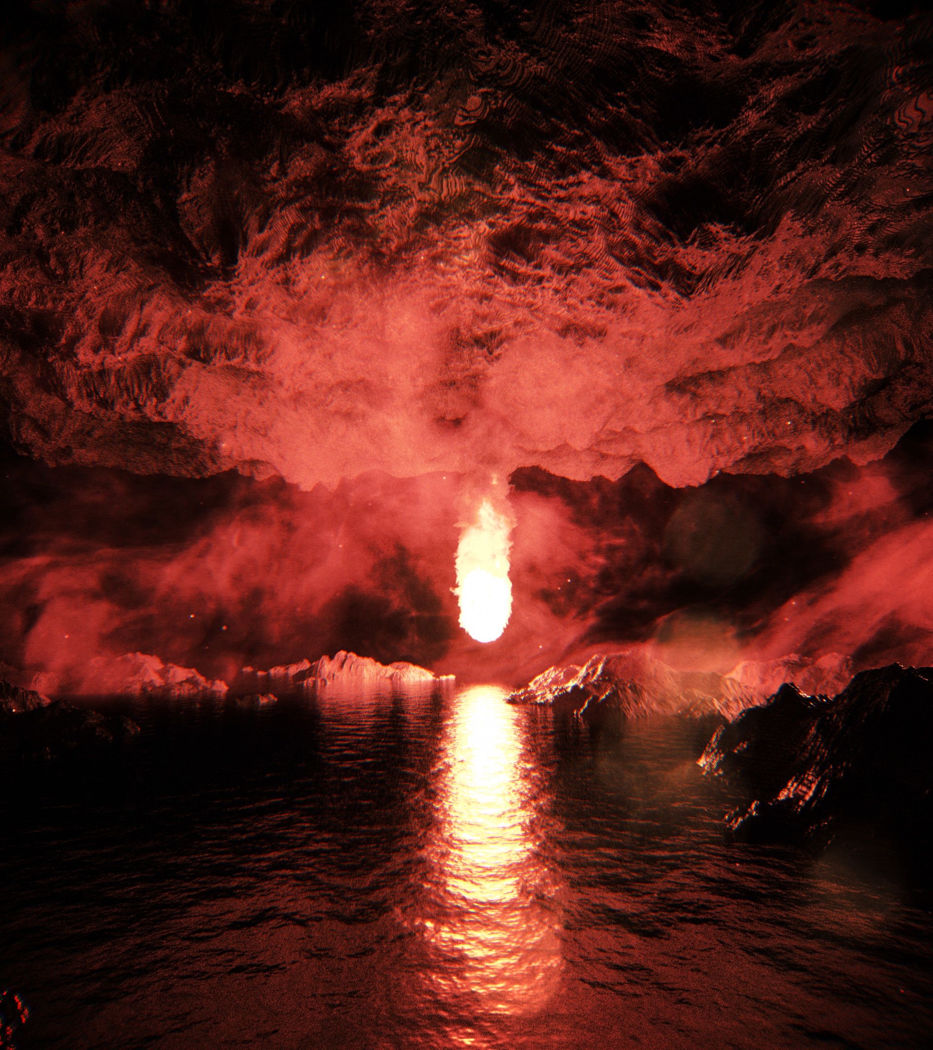 1920x2160 Download wallpaper  cave, fireball, reflection, water, blazing, bright HD background, Phone