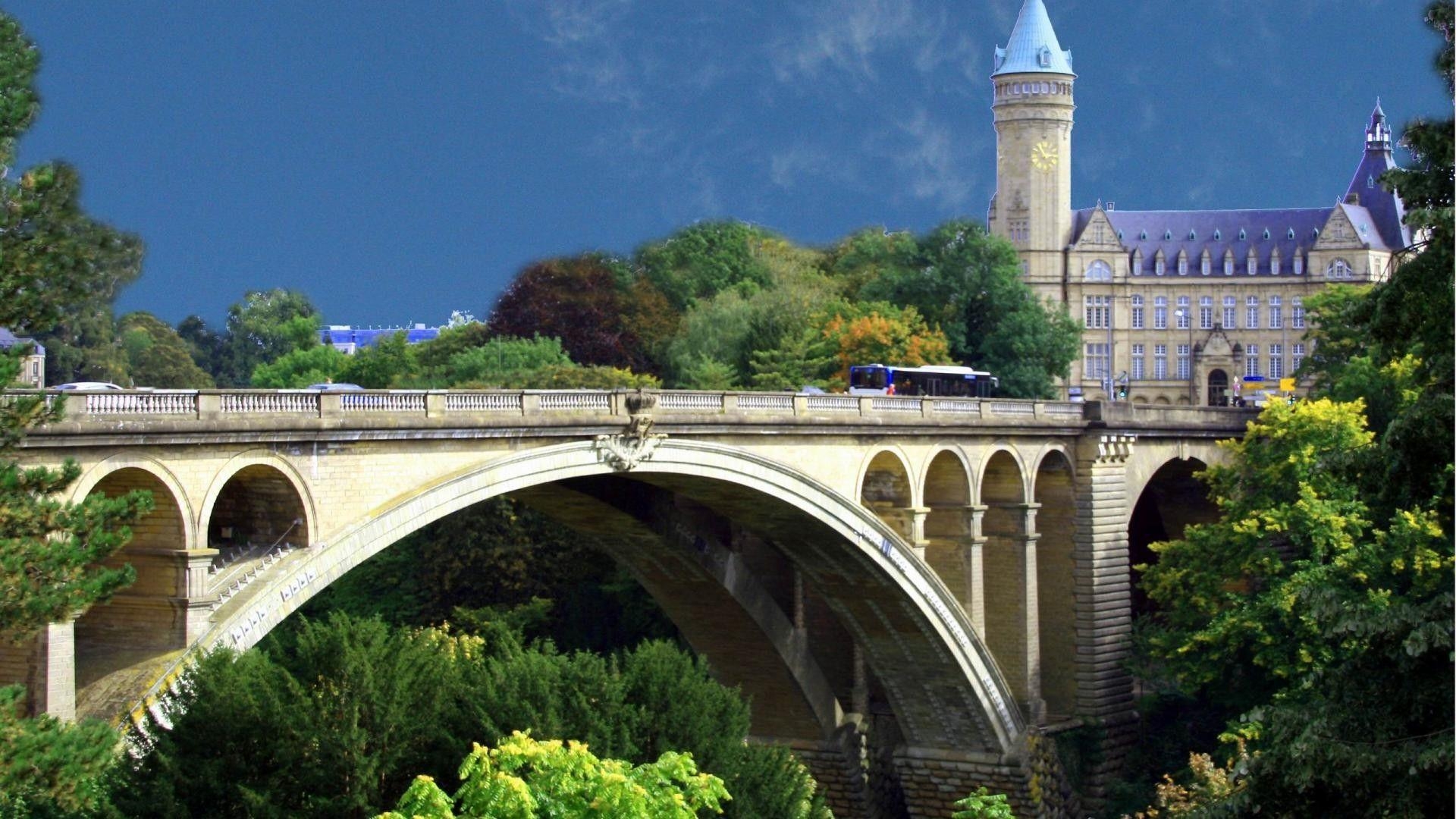 1920x1080 Bridges: Beautiful Arched Bridge Luxembourg Church Arch Trees High, Desktop