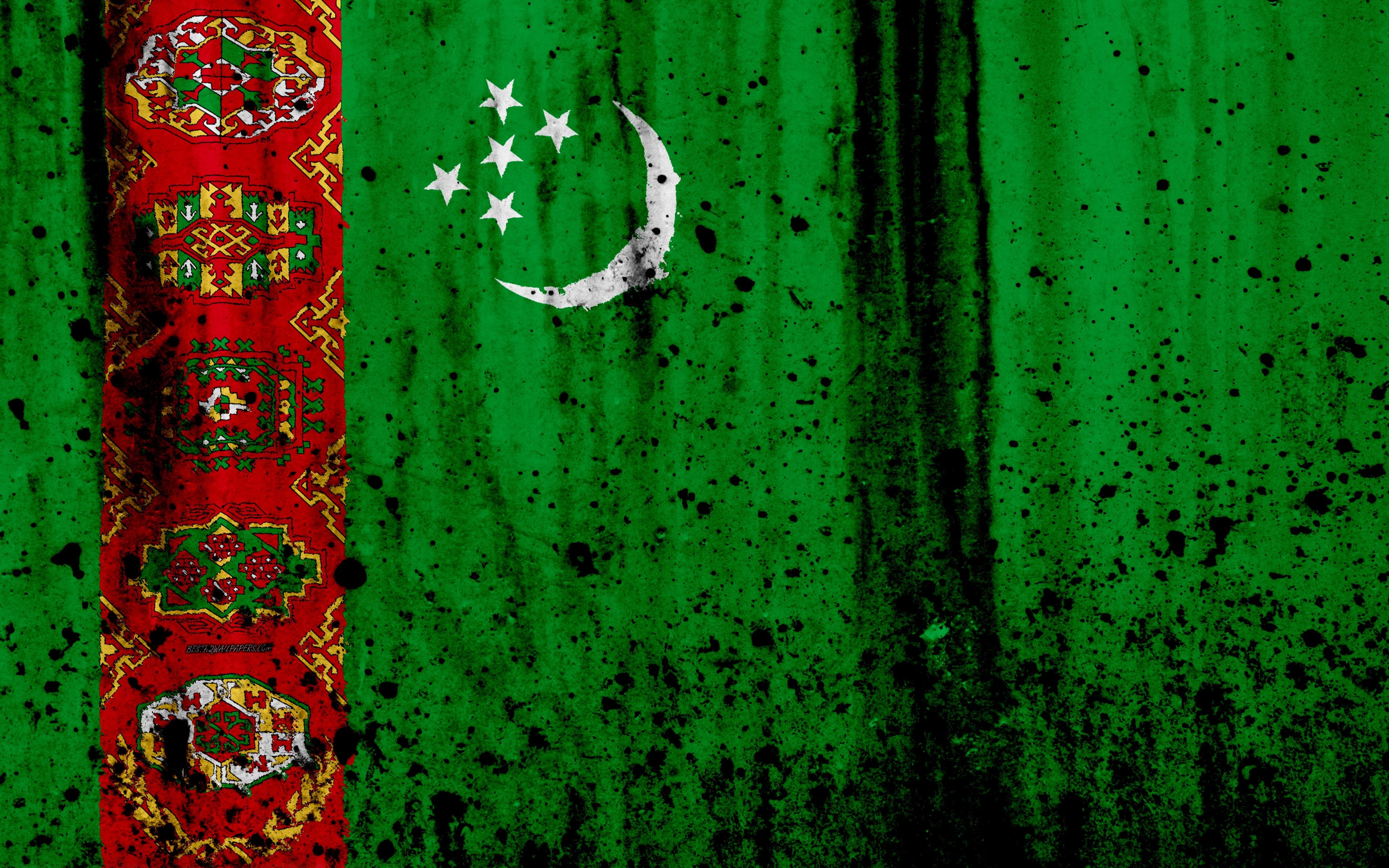 3840x2400 Download wallpaper Turkmen flag, 4k, grunge, flag of Turkmenistan, Desktop