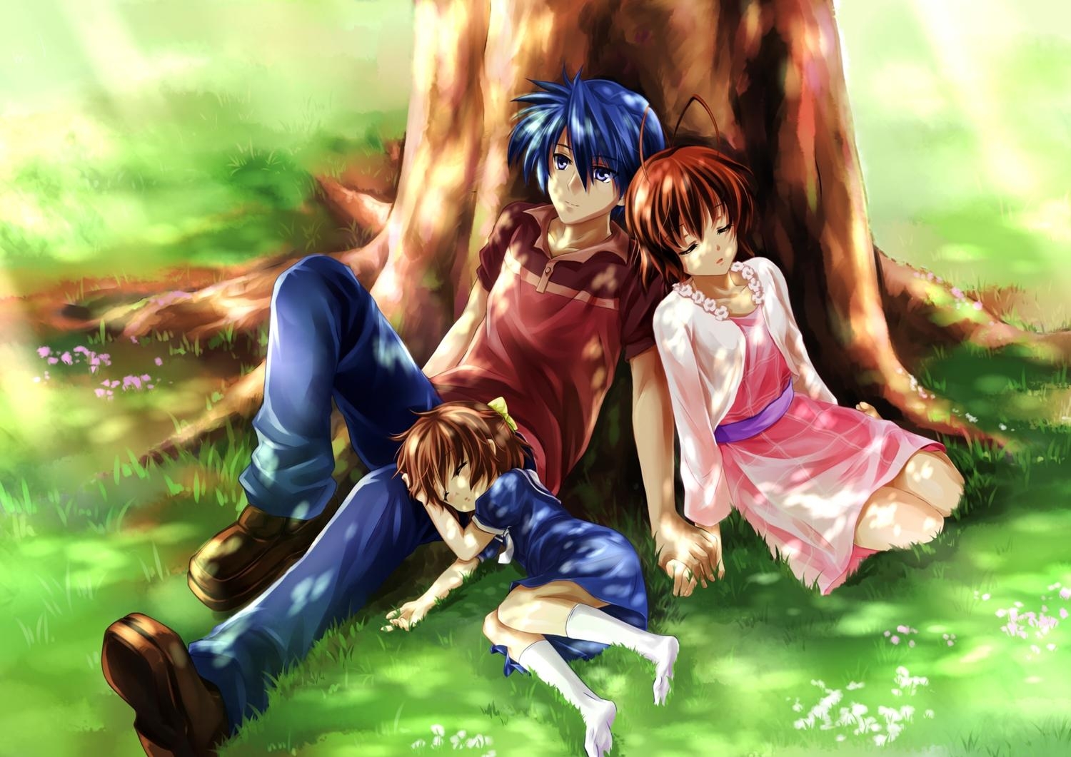 1500x1070 blue eyes blue hair bow brown hair clannad furukawa nagisa grass, Desktop