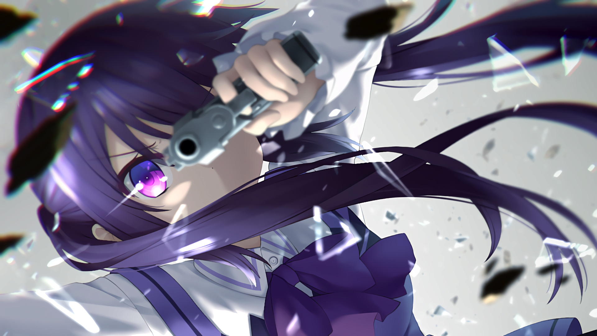 1920x1090 anime anime girls gochuumon wa usagi desu ka purple eyes purple hair twintails pistol gun weapon tedeza rize wallpaper. Mocah HD Wallpaper, Desktop