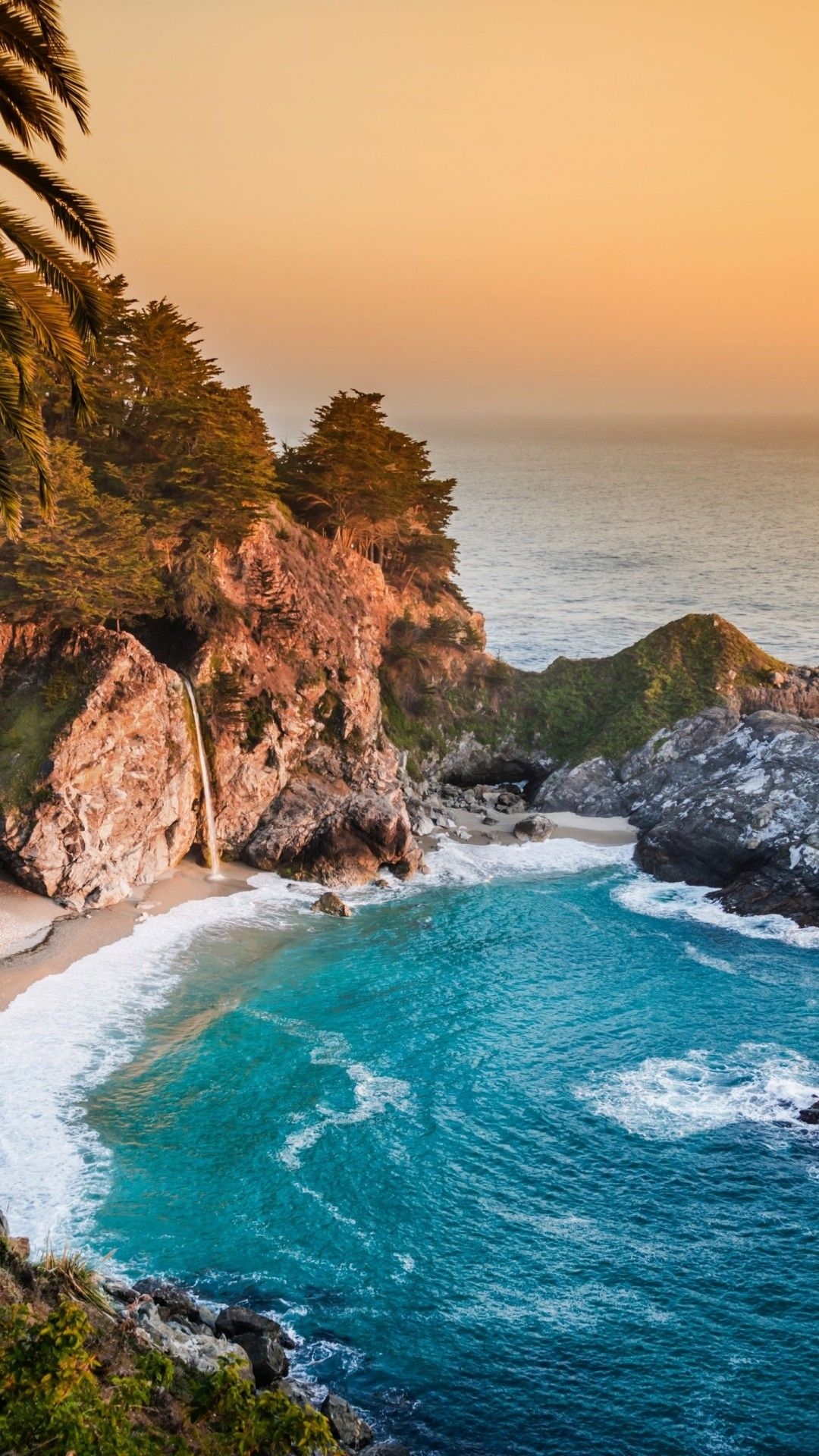 1080x1920 Wallpaper Pacific Ocean, 5k, 4k wallpaper, big sur, california, beach, mcway falls, sunset, OS, Phone