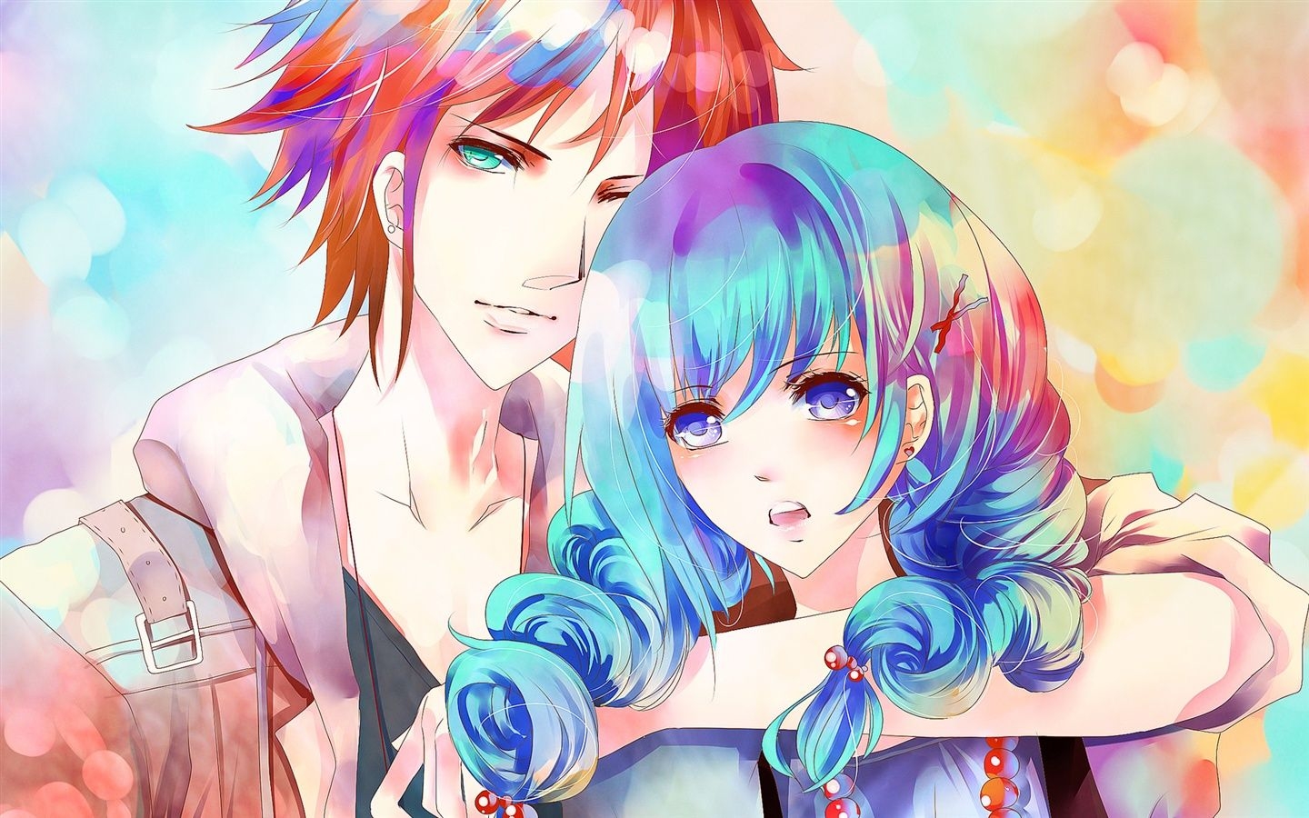 1440x900 Wallpaper Blue hair anime girl with a boy 1920x1200 HD Picture, Image, Desktop