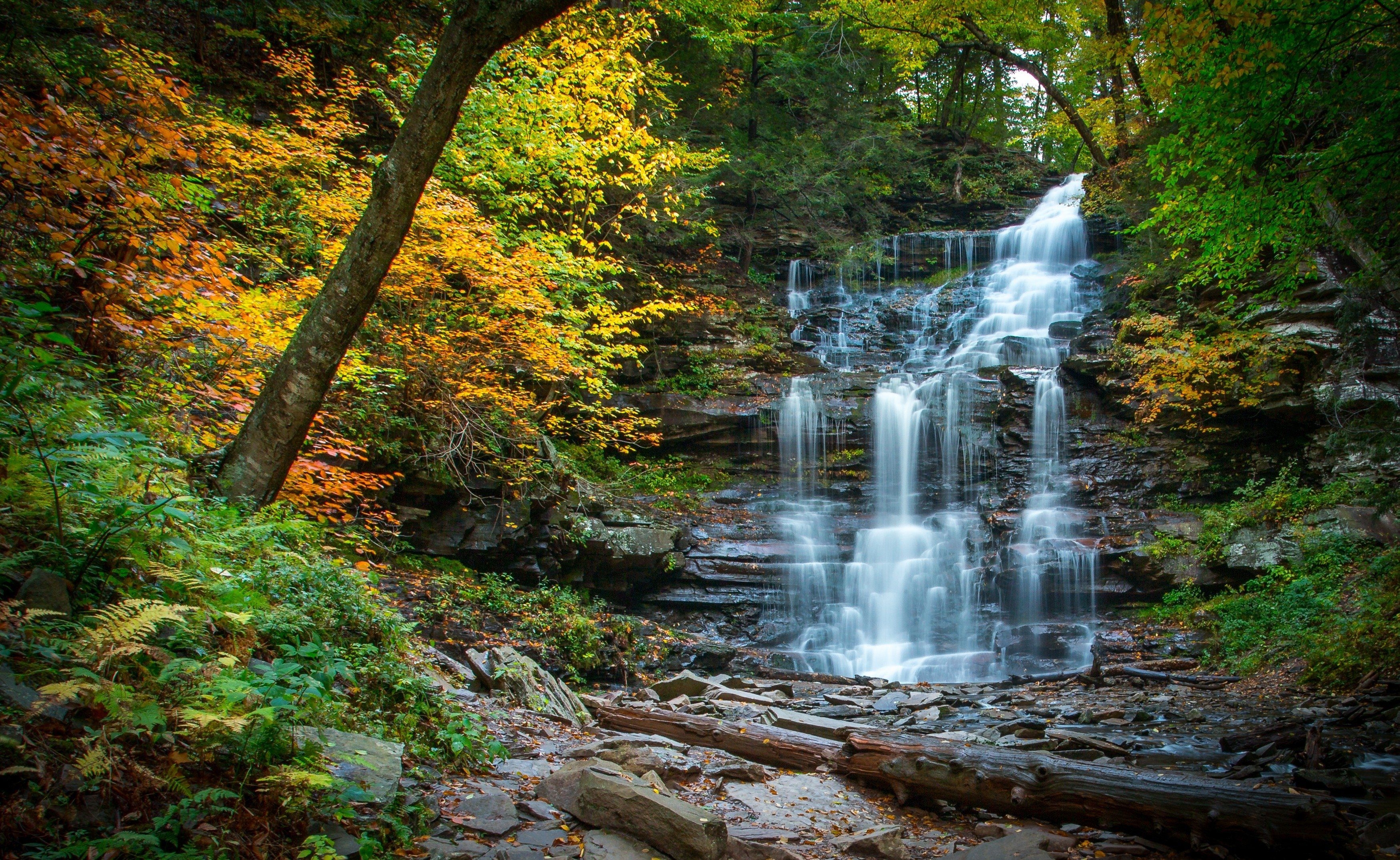 3500x2150 waterfall, cascade, river, forest, autumn, stones, pennsylvania, Desktop