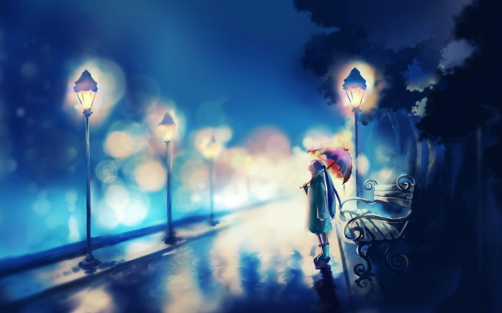 1680x1050 Night Lights Alone Girl Painting Wallpaper for desktop and mobile, Desktop