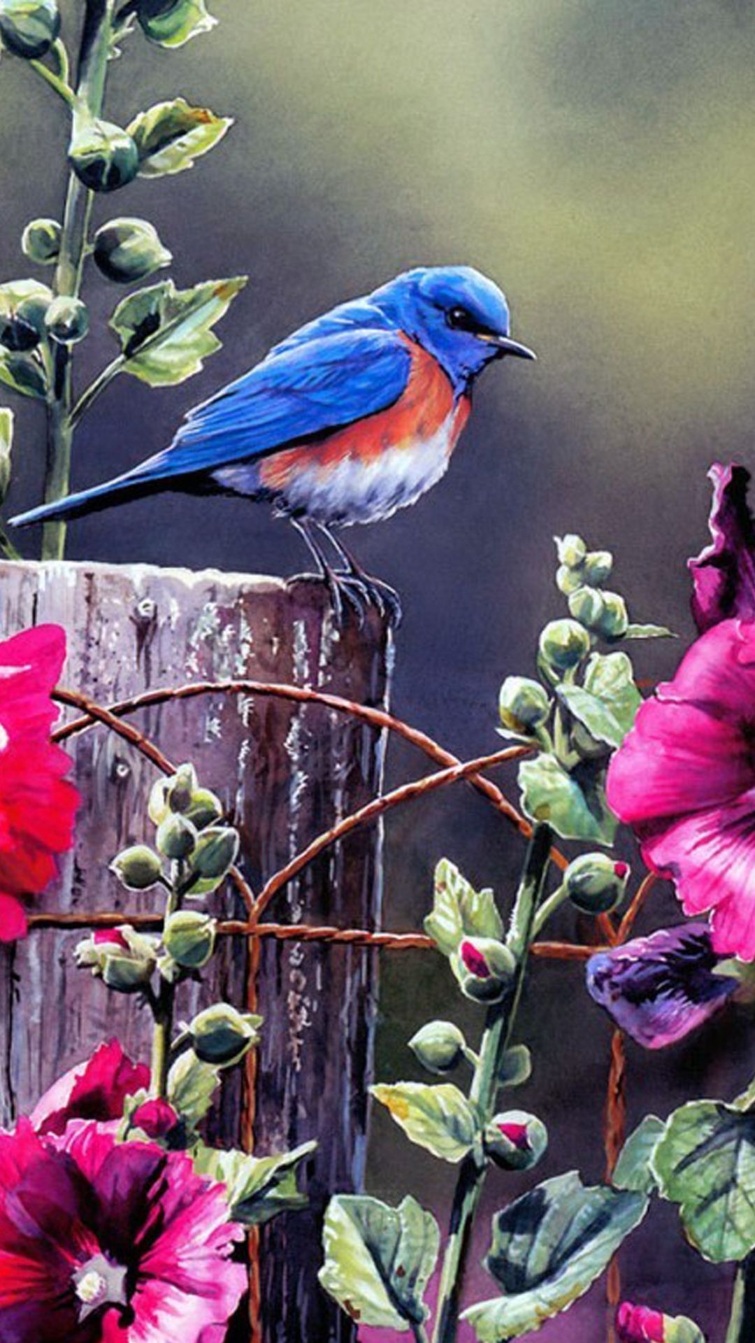 1080x1920 Spring Blue Bird Illustration Flowers Android Wallpaper free download, Phone