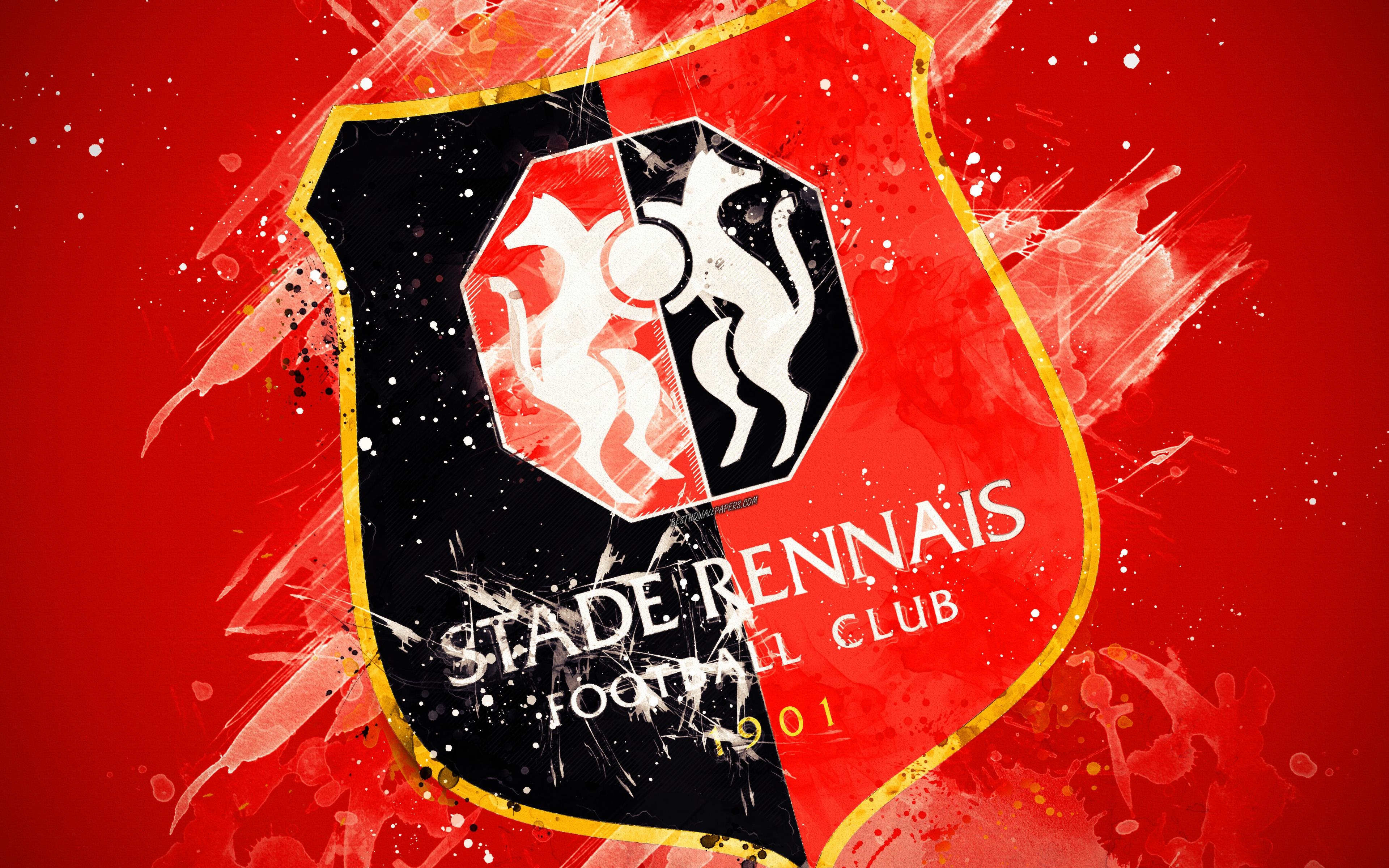 3840x2400 Download wallpaper Stade Rennais FC, 4k, paint art, creative, Desktop