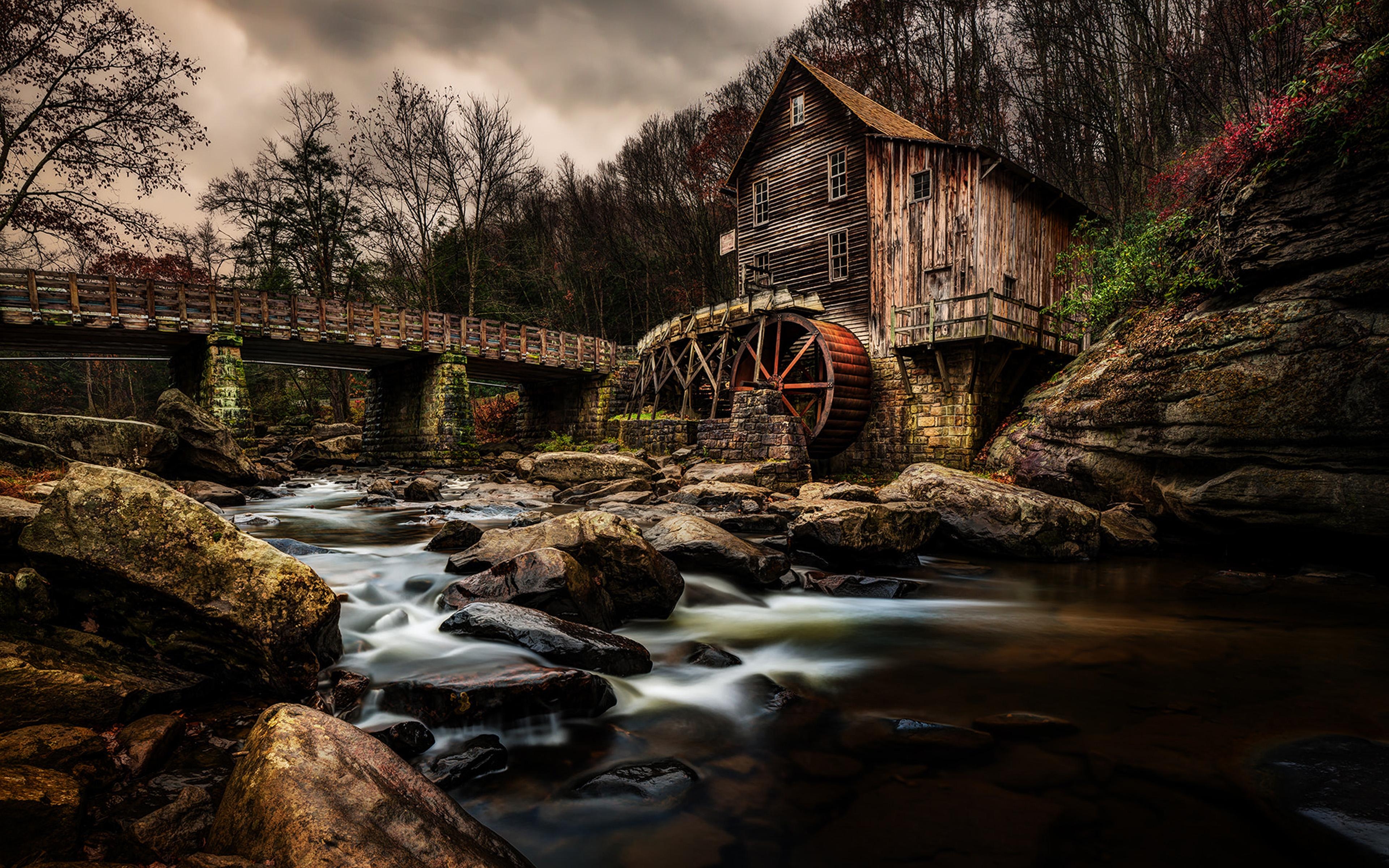 3840x2400 Autumn Landscape Old Grist Mill Water In Babcock State Park West, Desktop