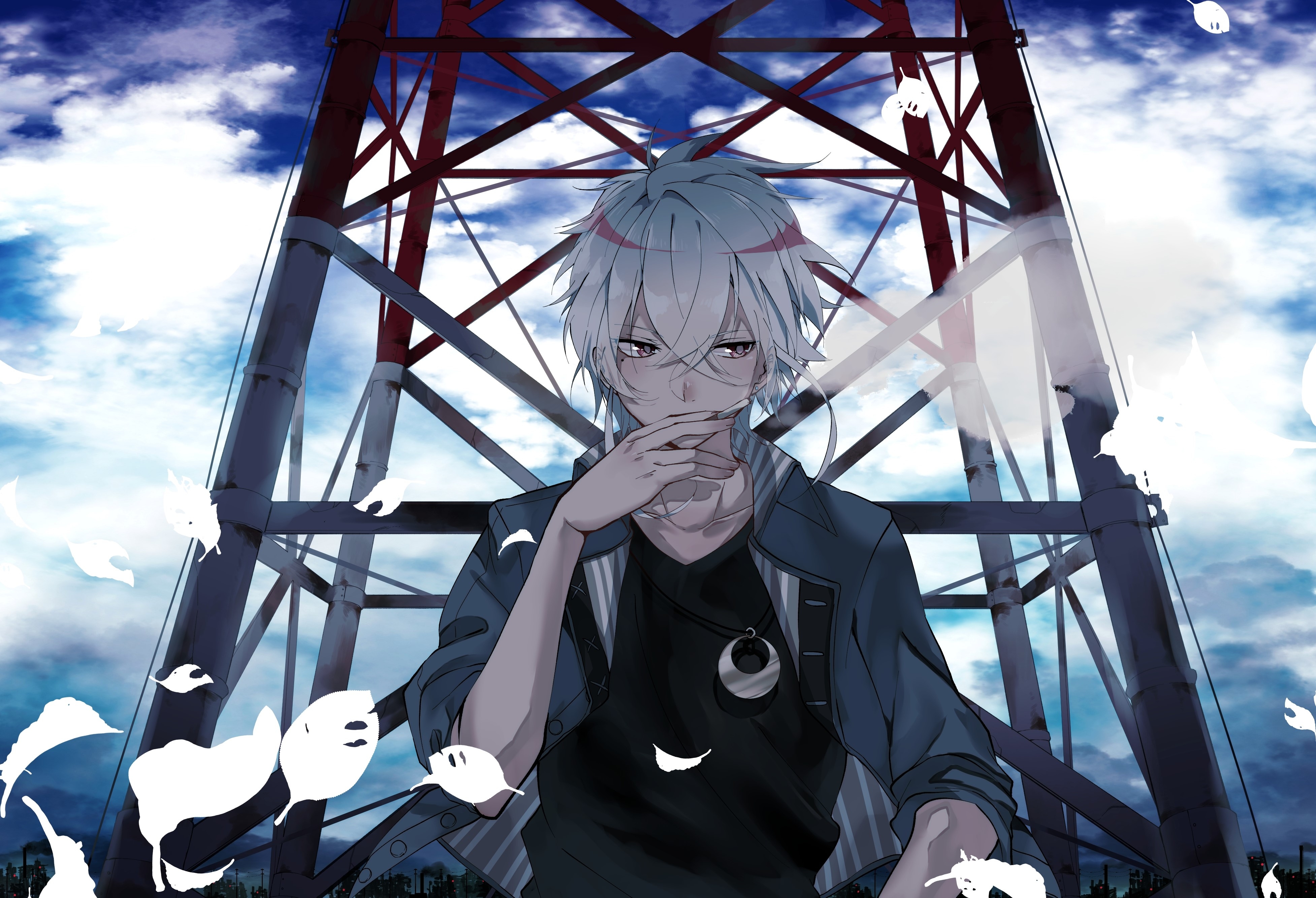 3910x2670 Wallpaper / smoking, tower, Male, feathers, sky, clouds, anime, necklace, white hair, smoke, frontal view, cigarettes, looking away free download, Desktop