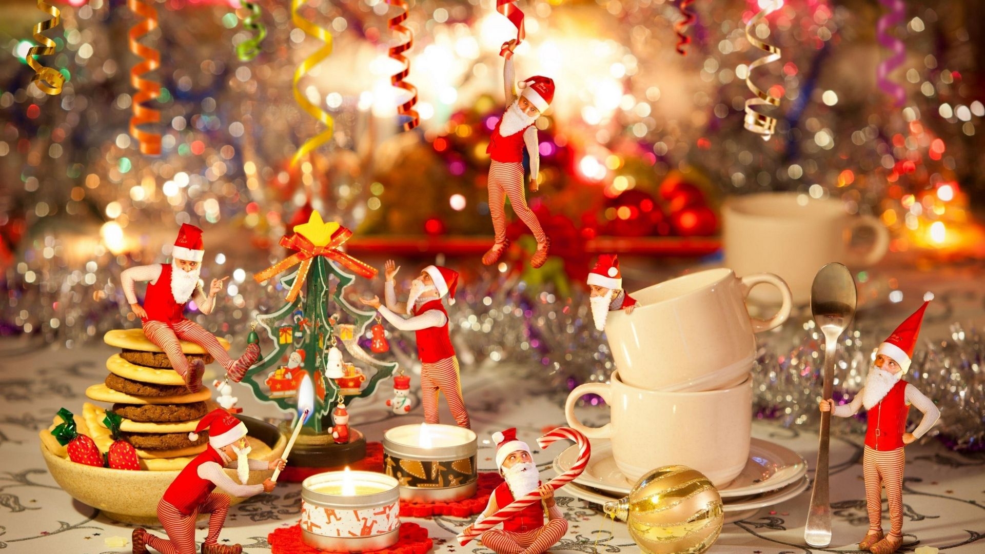 1920x1080 Download Wallpaper  gnomes, christmas tree, candles, table, cup Full HD 1080p HD Background, Desktop