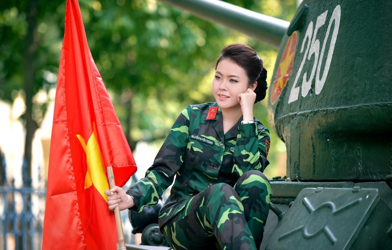 1340x850 Wallpaper flag, tank, Asian, military uniform, Vietnam, girl, Desktop