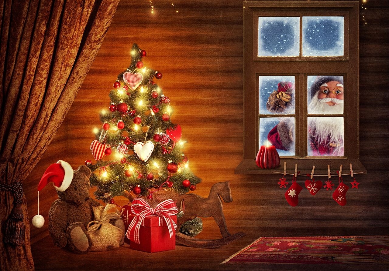 1280x900 Desktop Wallpaper Christmas Winter hat Christmas tree Teddy bear, Desktop