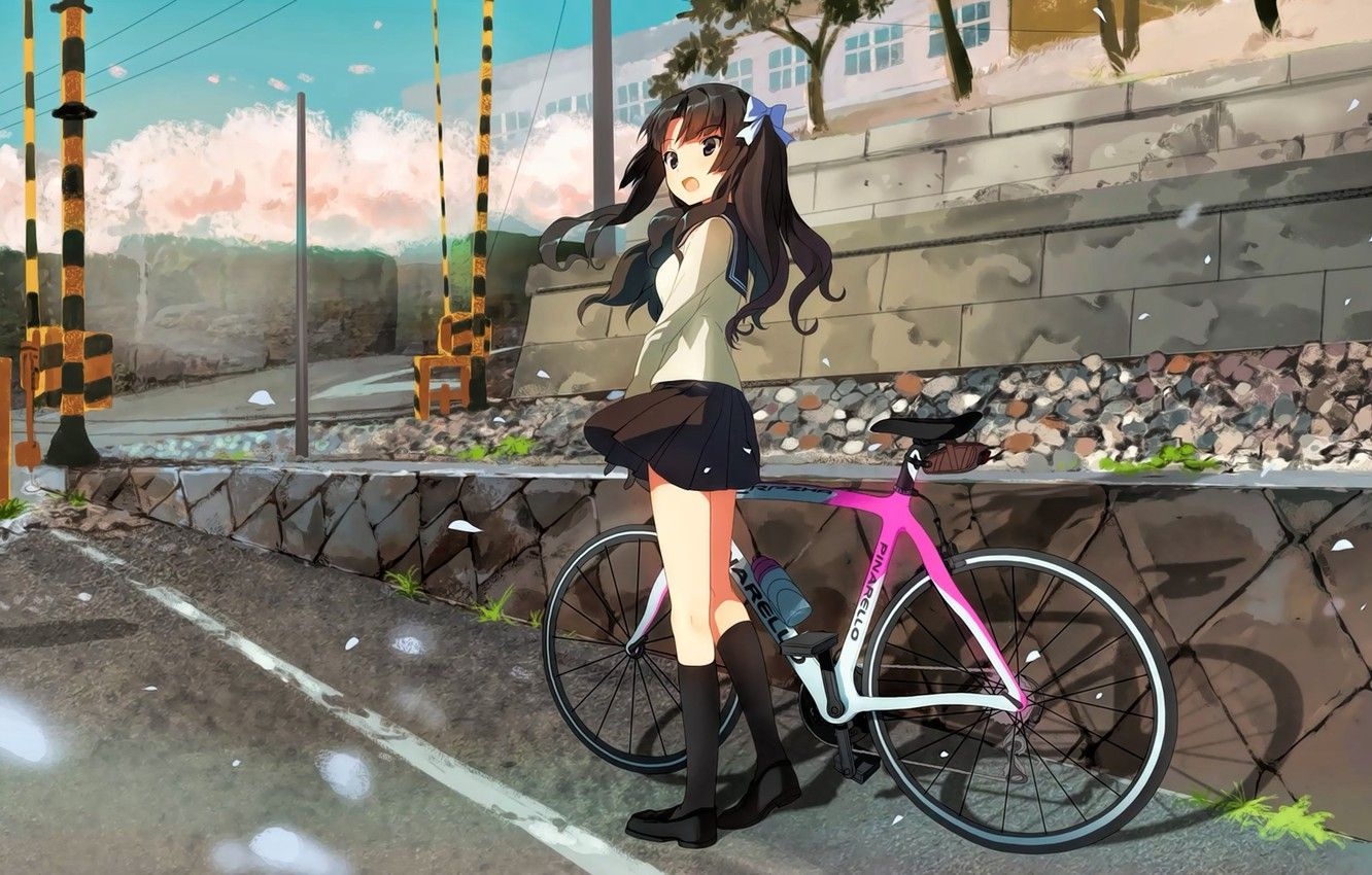 1340x850 Wallpaper city, girl, bike, anime.anime.goodfon.com, Desktop