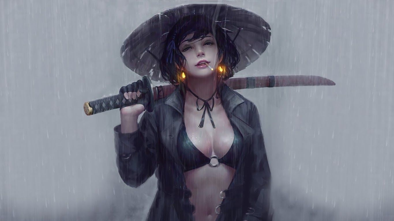 1370x770 Samurai Girl Katana Smoking 4K Wallpaper, Desktop